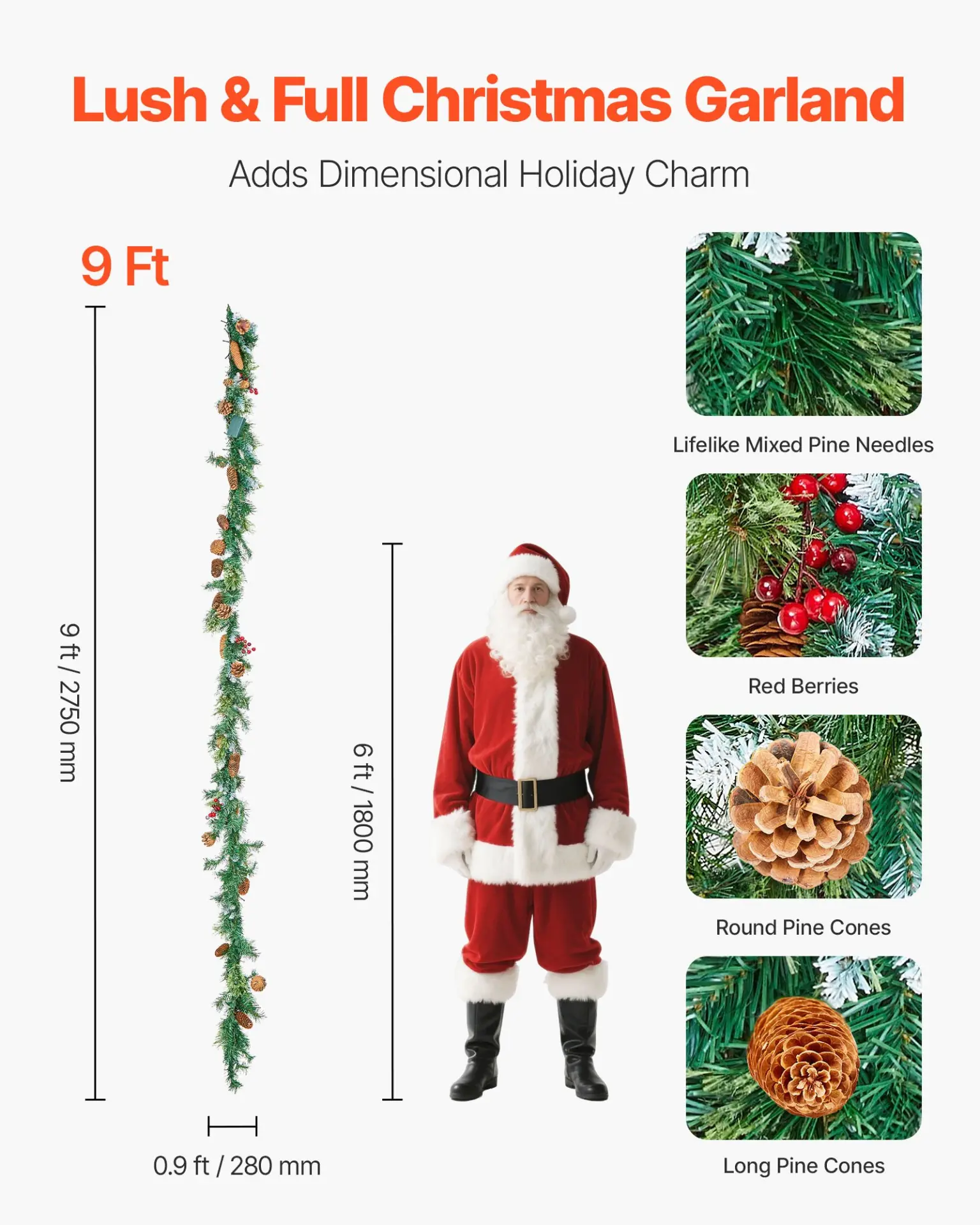 Pine Cone Garland with Lights, 9ft