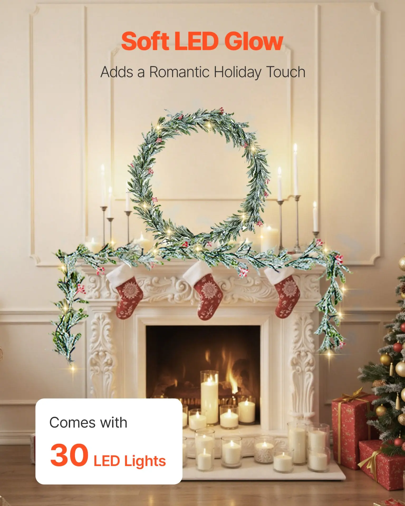 VEVOR Christmas Garland, 9-FT Realistic Greenery Decorated with Vines, Olive Leaves, and Berries, Evergreen Faux Garlands with Light String for Indoor Outdoor Xmas Decoration on Mantel Fireplace - Image 2
