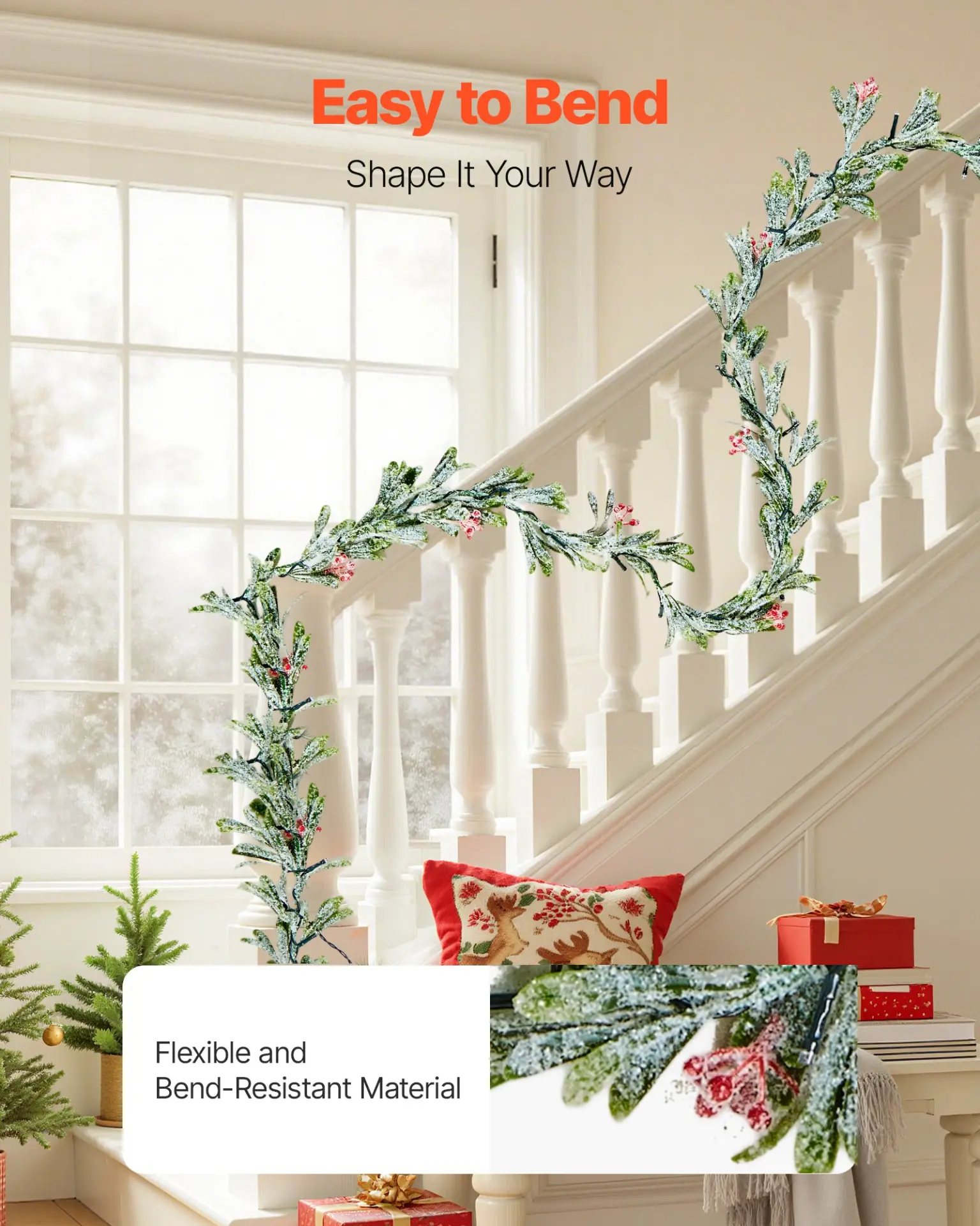 VEVOR Christmas Garland, 9-FT Realistic Greenery Decorated with Vines, Olive Leaves, and Berries, Evergreen Faux Garlands with Light String for Indoor Outdoor Xmas Decoration on Mantel Fireplace - Image 4