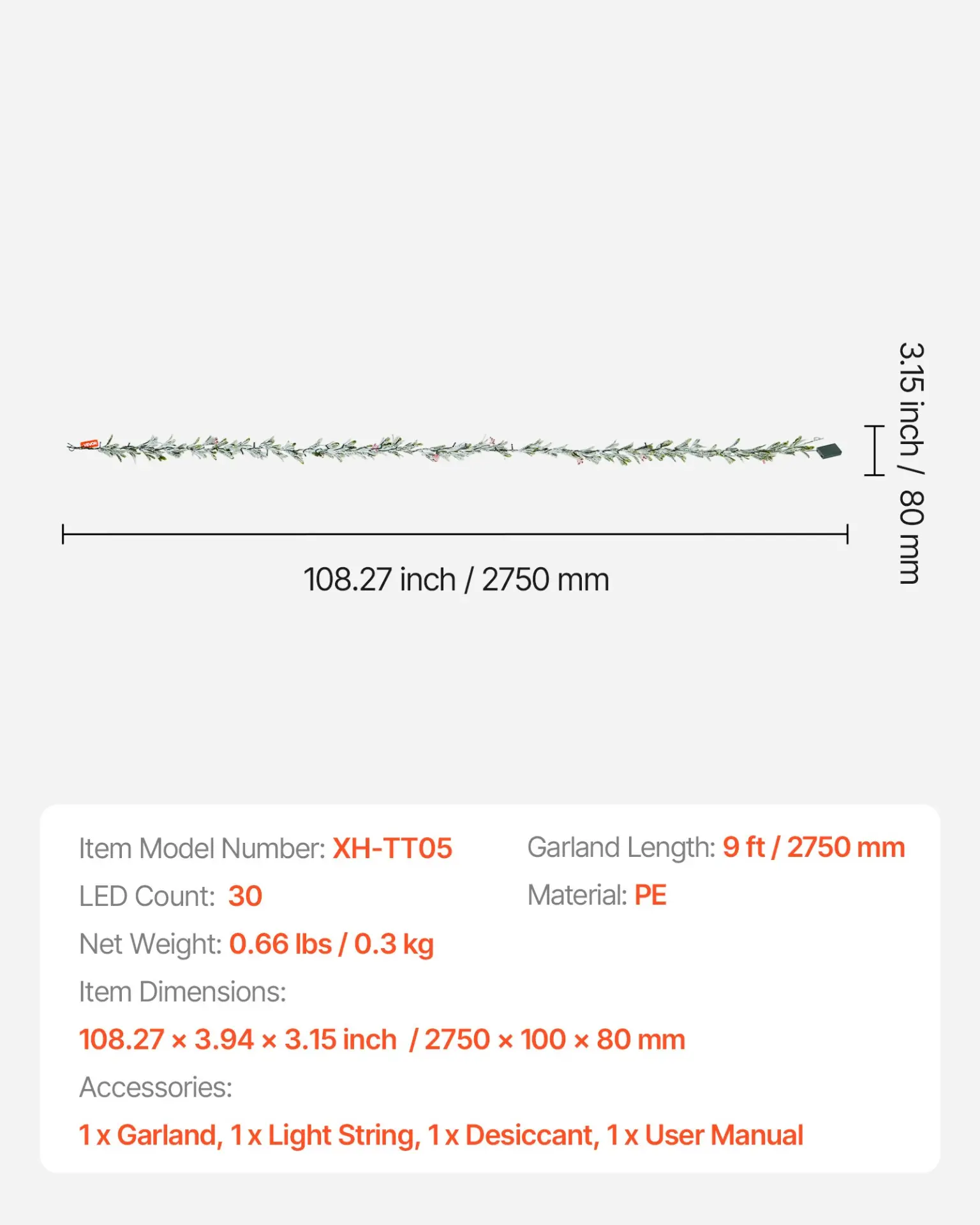 VEVOR Christmas Garland, 9-FT Realistic Greenery Decorated with Vines, Olive Leaves, and Berries, Evergreen Faux Garlands with Light String for Indoor Outdoor Xmas Decoration on Mantel Fireplace - Image 6