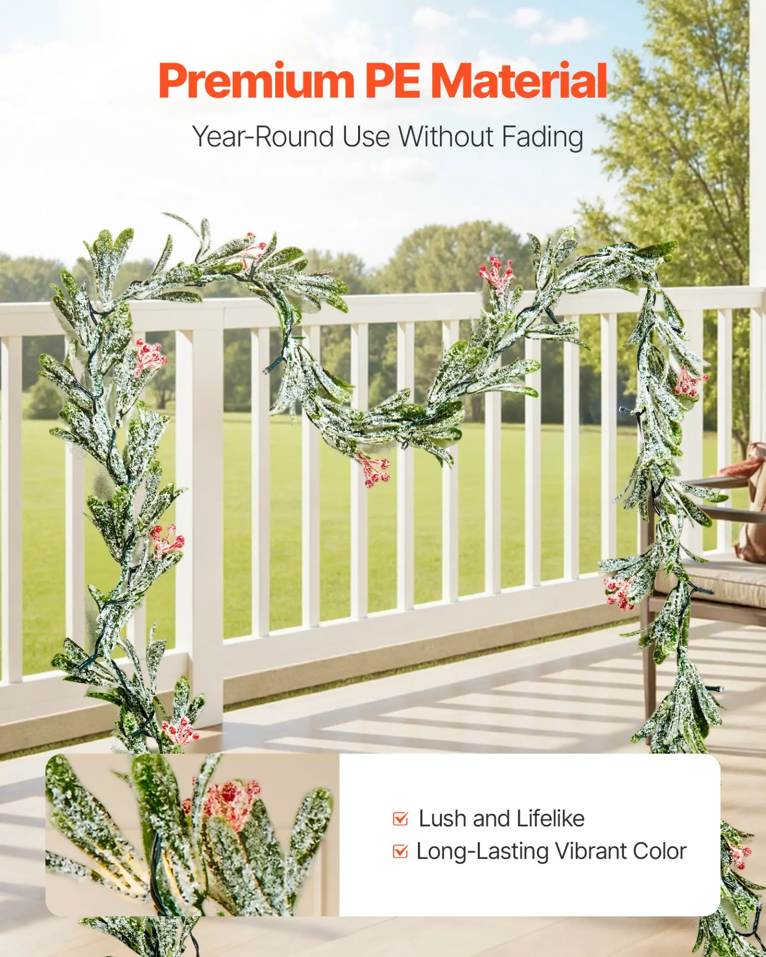 VEVOR Christmas Garland, 6.6-FT Realistic Greenery Decorated with Vines, Olive Leaves, and Berries, Evergreen Faux Garlands with Light String for Indoor Outdoor Xmas Decoration on Mantel Fireplace - Image 3