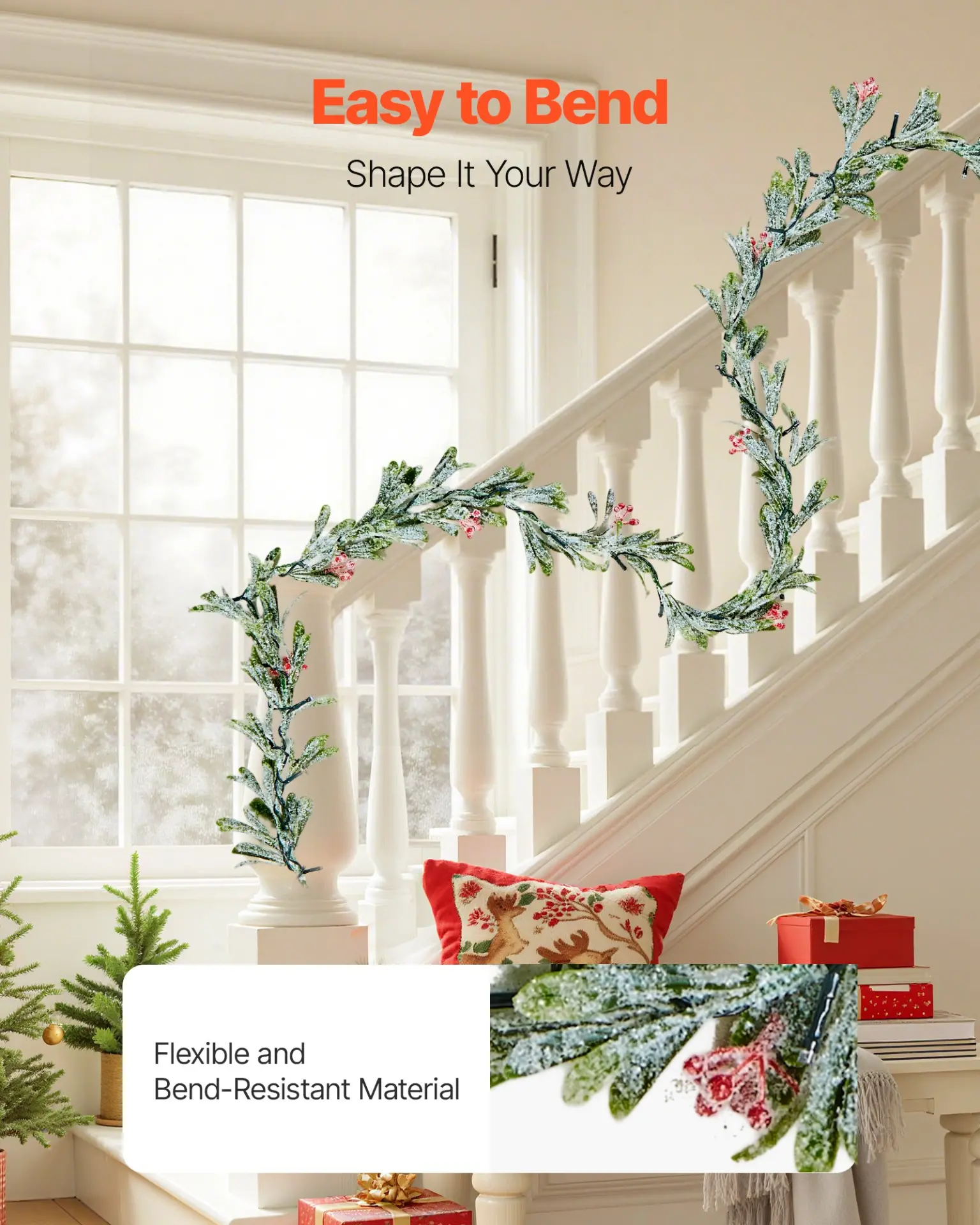 VEVOR Christmas Garland, 6.6-FT Realistic Greenery Decorated with Vines, Olive Leaves, and Berries, Evergreen Faux Garlands with Light String for Indoor Outdoor Xmas Decoration on Mantel Fireplace - Image 4