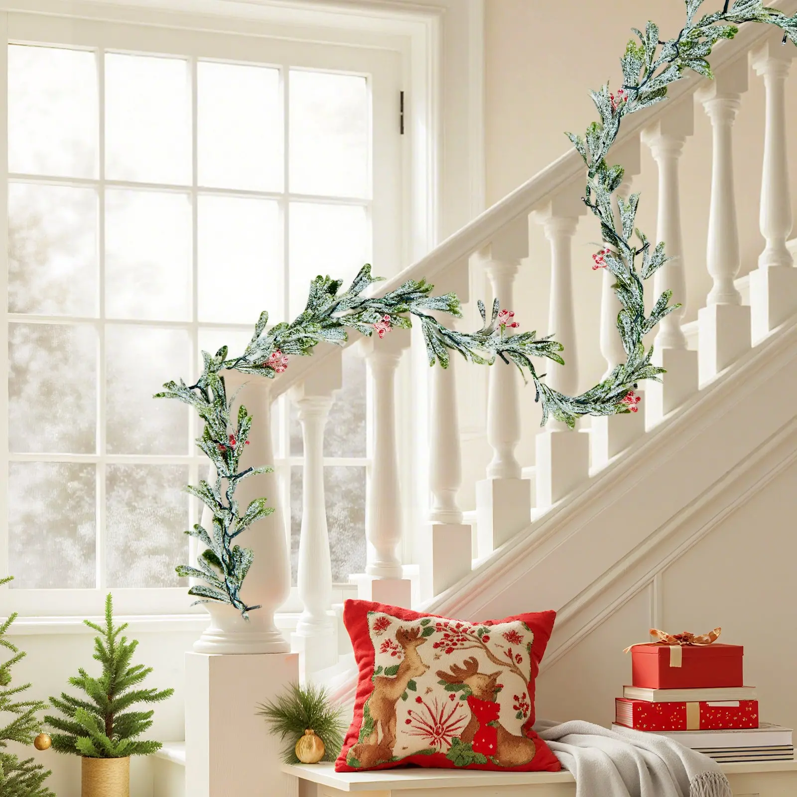 VEVOR Christmas Garland, 6.6-FT Realistic Greenery Decorated with Vines, Olive Leaves, and Berries, Evergreen Faux Garlands with Light String for Indoor Outdoor Xmas Decoration on Mantel Fireplace - Image 7