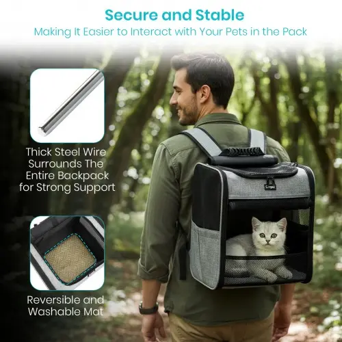 PTD2640 - Dogat Foldable And Durable Pet Backpack Carrier Travel Bag for Cats and Small Dogs - Grey - Image 11