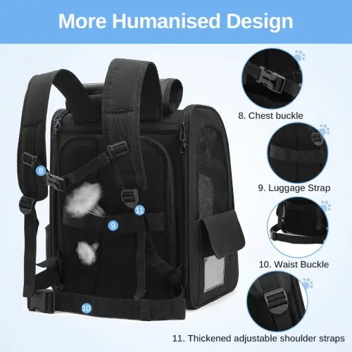 PTD2441 - Dogat Expandable And Foldable Pet Backpack Carrier with Ventilated Mesh Windows Comfortable & Secure Design - Black - Image 8