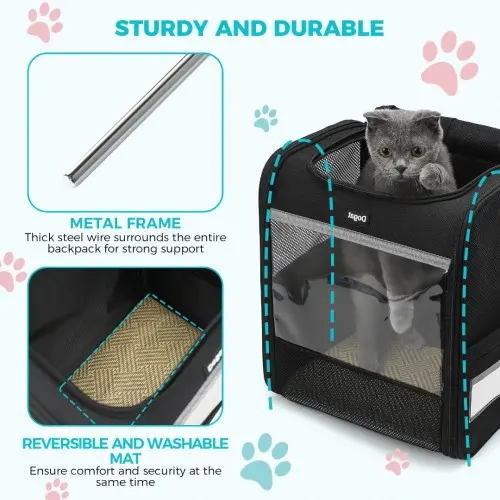 PTD2440 - Dogat Foldable And Durable Pet Backpack Carrier Travel Bag for Cats and Small Dogs - Black - Image 7