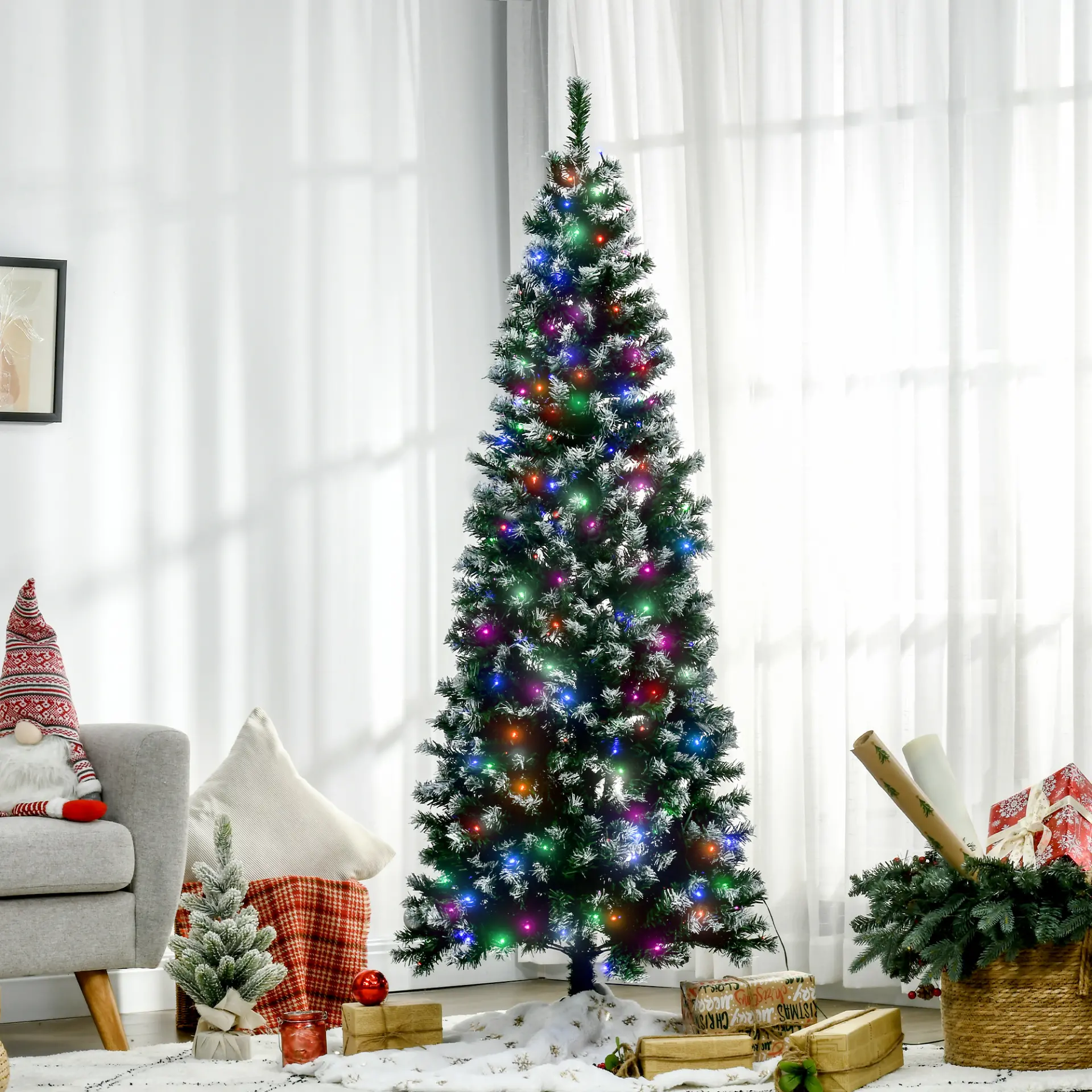 HOMCOM 6FT Tall Prelit Pencil Slim Artificial Christmas Tree with Realistic Branches, 300 Colourful LED Lights and 618 Tips, Xmas Decoration, Green - Image 2