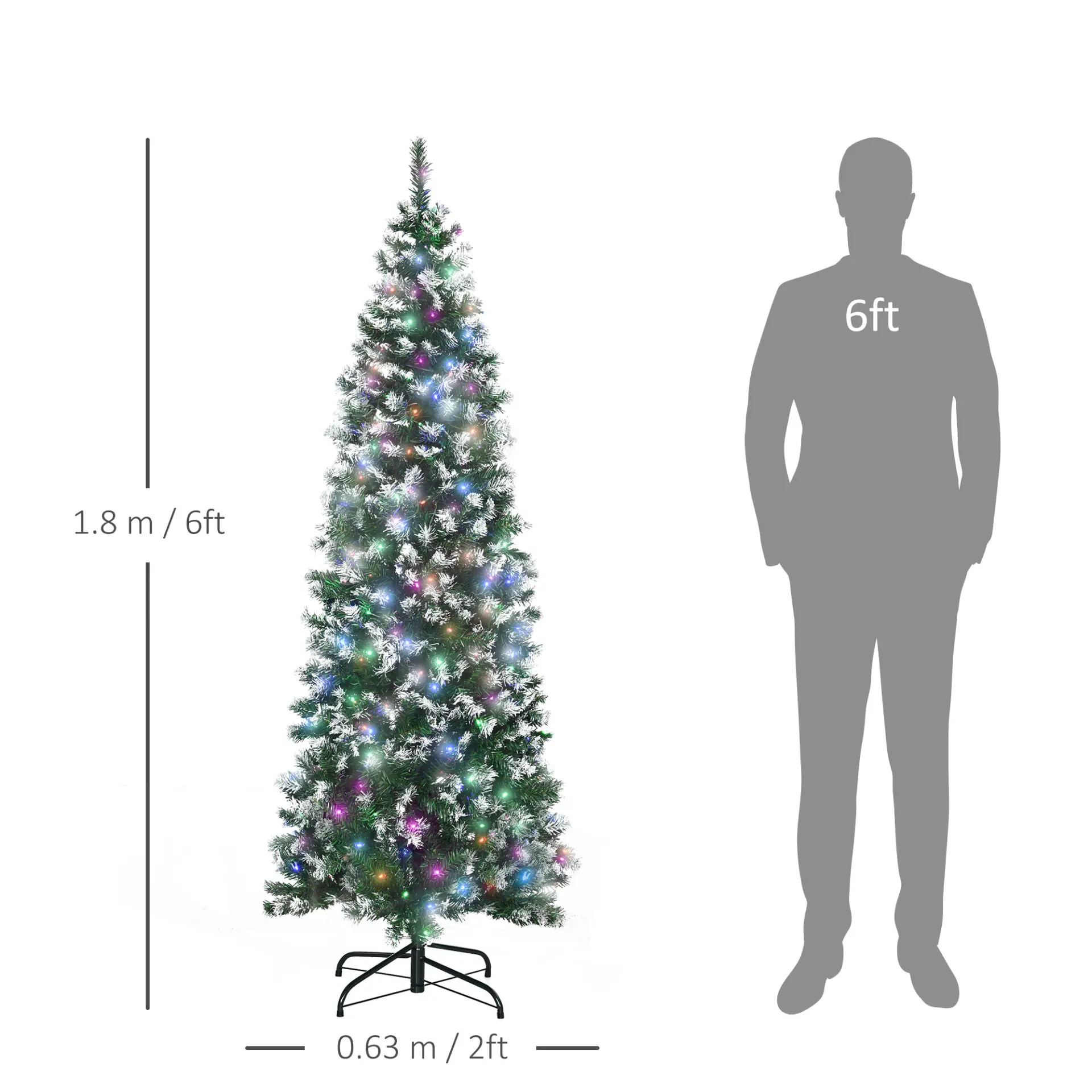 HOMCOM 6FT Tall Prelit Pencil Slim Artificial Christmas Tree with Realistic Branches, 300 Colourful LED Lights and 618 Tips, Xmas Decoration, Green - Image 3