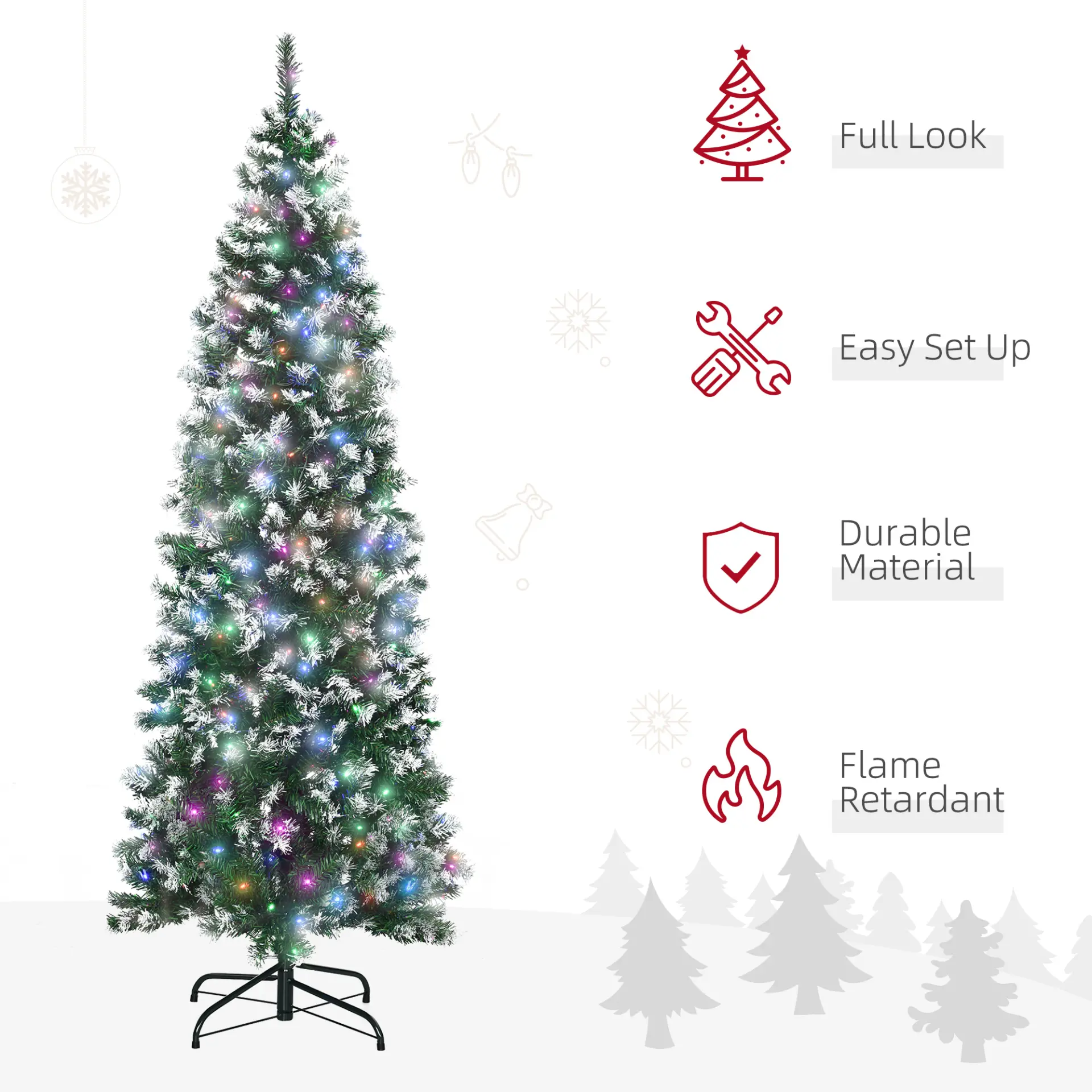 HOMCOM 6FT Tall Prelit Pencil Slim Artificial Christmas Tree with Realistic Branches, 300 Colourful LED Lights and 618 Tips, Xmas Decoration, Green - Image 4