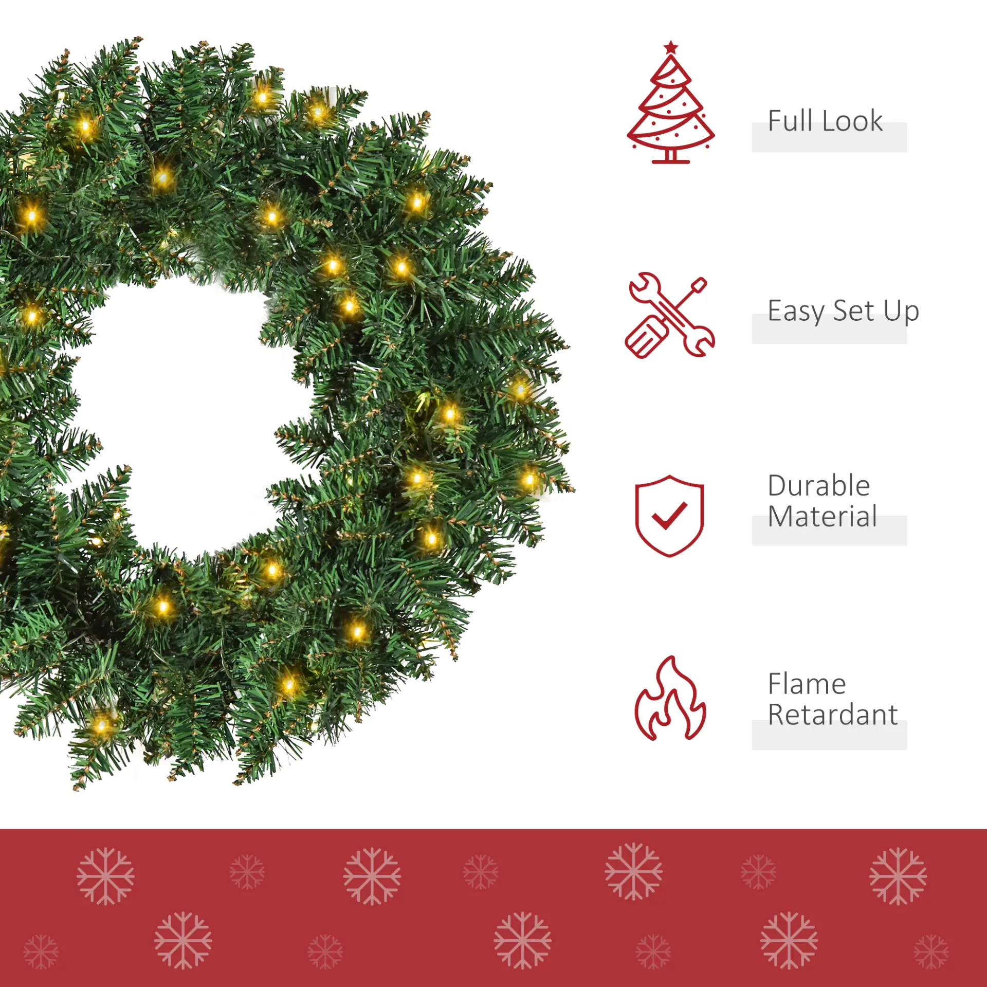 HOMCOM 55CM Pre-lit Christmas Wreath with 50 Warm White LED Ideal Xmas Artificial Door Decoration - Image 4