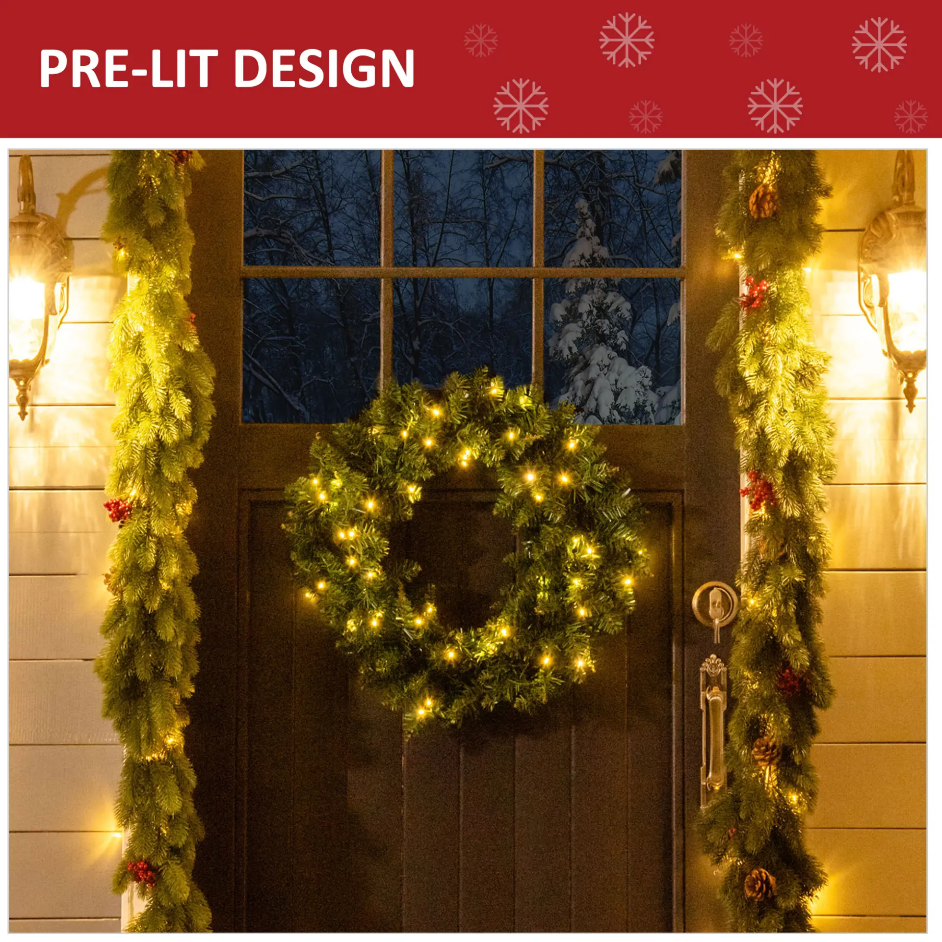 HOMCOM 55CM Pre-lit Christmas Wreath with 50 Warm White LED Ideal Xmas Artificial Door Decoration - Image 5