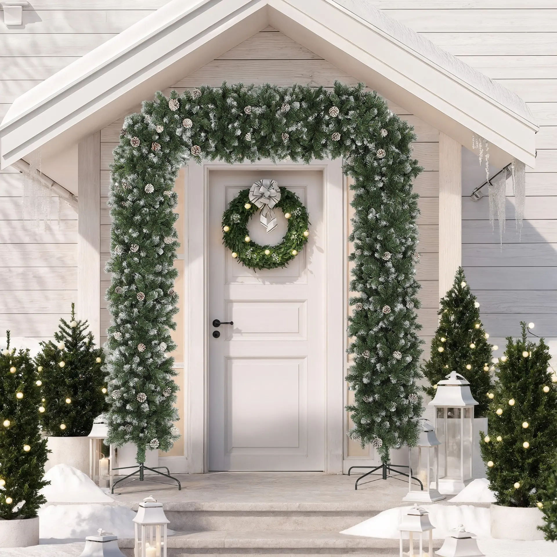 HOMCOM 8.2 ft Snow Frosted Christmas Tree Arch, Christmas Arch Doorway Decor with 1800 Tips and 91 Pinecones, Artificial Xmas Tree with Metal Stand for Indoor, Green - Image 2