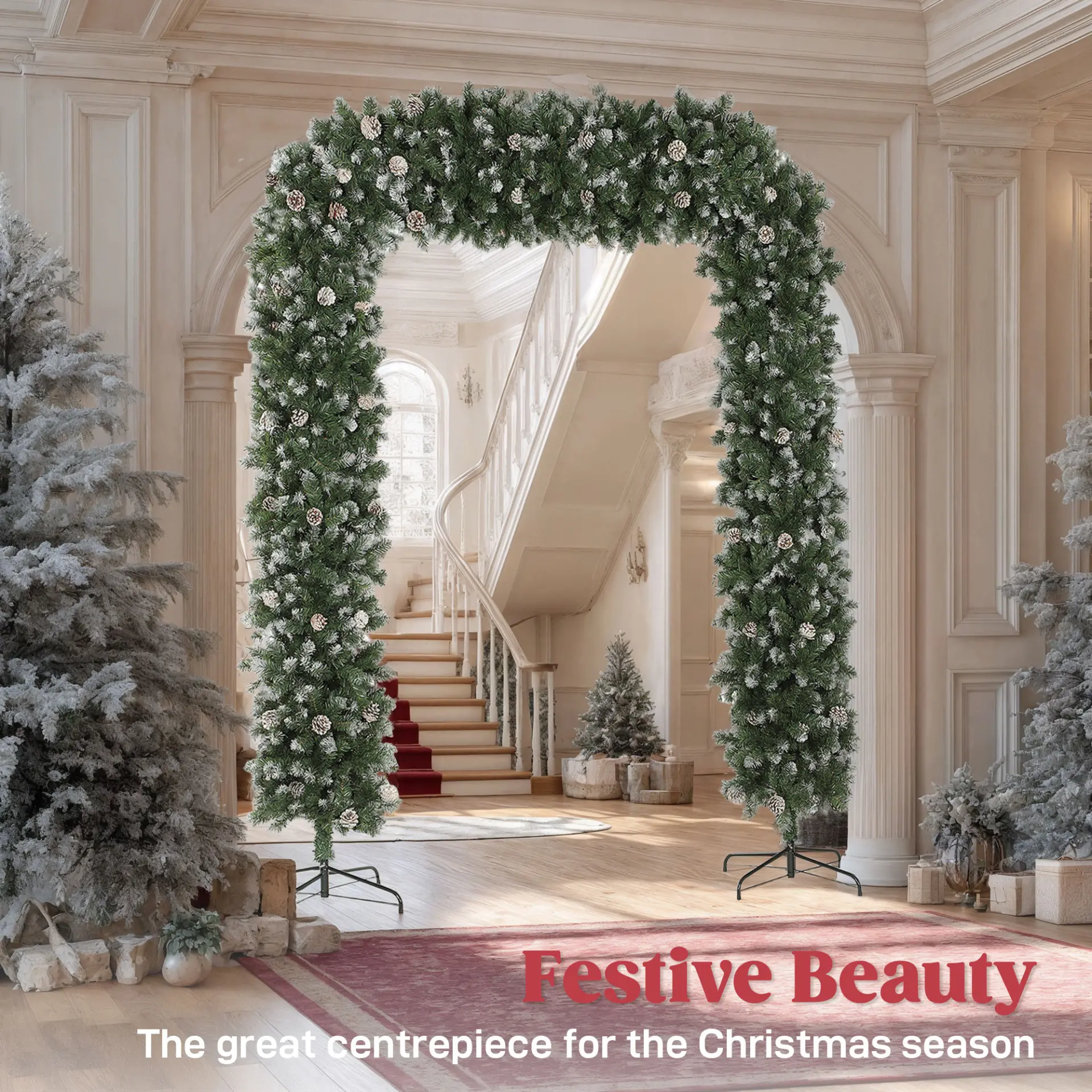 HOMCOM 8.2 ft Snow Frosted Christmas Tree Arch, Christmas Arch Doorway Decor with 1800 Tips and 91 Pinecones, Artificial Xmas Tree with Metal Stand for Indoor, Green - Image 4
