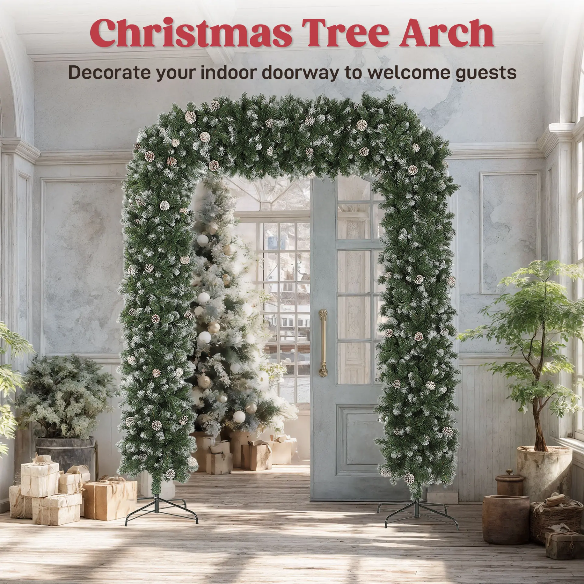 HOMCOM 8.2 ft Snow Frosted Christmas Tree Arch, Christmas Arch Doorway Decor with 1800 Tips and 91 Pinecones, Artificial Xmas Tree with Metal Stand for Indoor, Green - Image 5