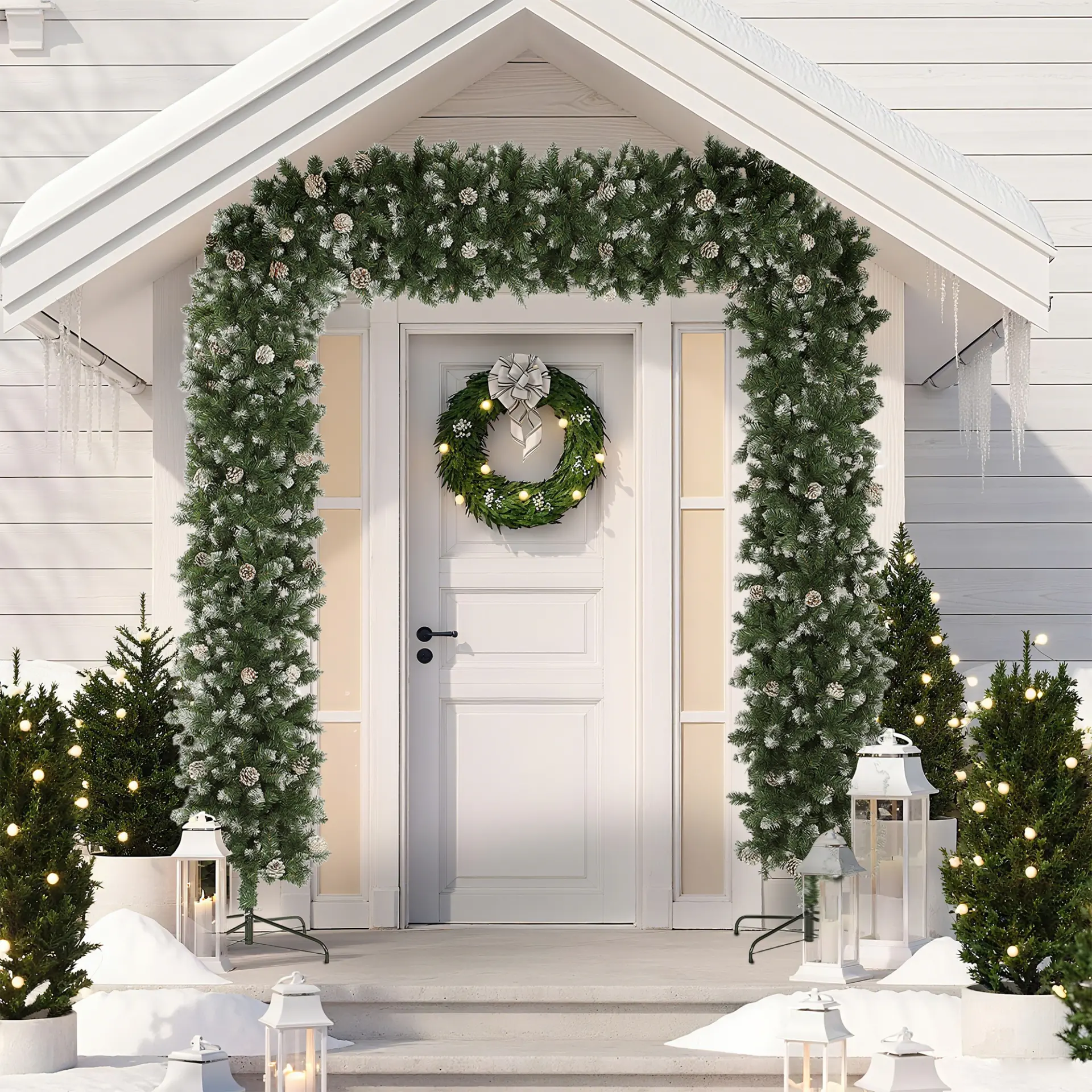 HOMCOM 8.2 ft Snow Frosted Christmas Tree Arch, Christmas Arch Doorway Decor with 2100 Tips and 96 Pinecones, Artificial Xmas Tree with Metal Stand for Indoor, Green - Image 2