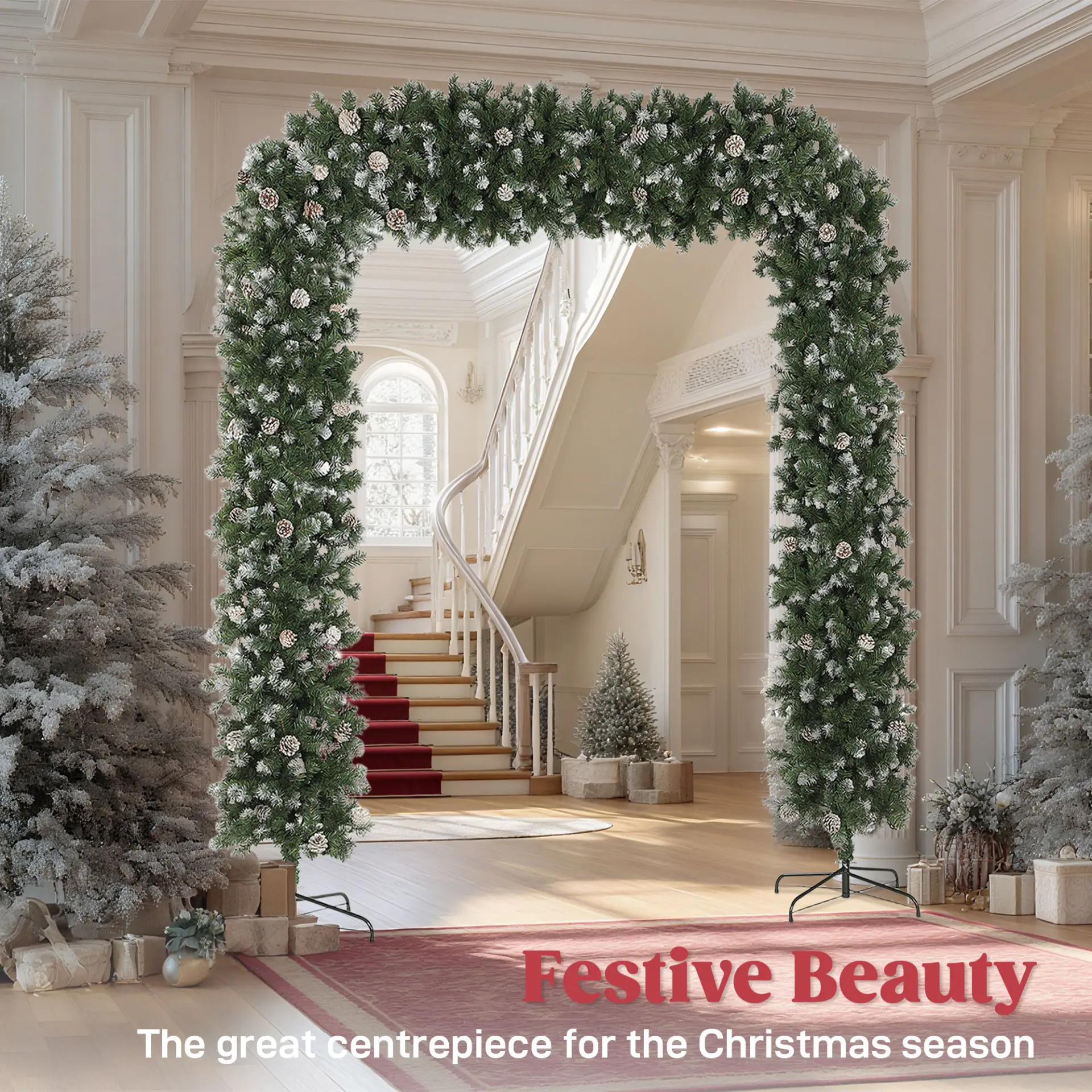HOMCOM 8.2 ft Snow Frosted Christmas Tree Arch, Christmas Arch Doorway Decor with 2100 Tips and 96 Pinecones, Artificial Xmas Tree with Metal Stand for Indoor, Green - Image 4