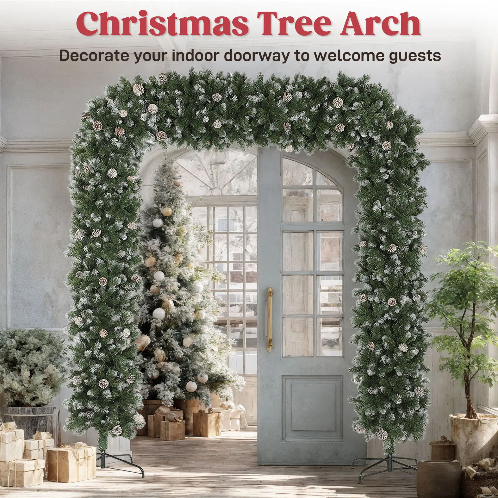 HOMCOM 8.2 ft Snow Frosted Christmas Tree Arch, Christmas Arch Doorway Decor with 2100 Tips and 96 Pinecones, Artificial Xmas Tree with Metal Stand for Indoor, Green - Image 5