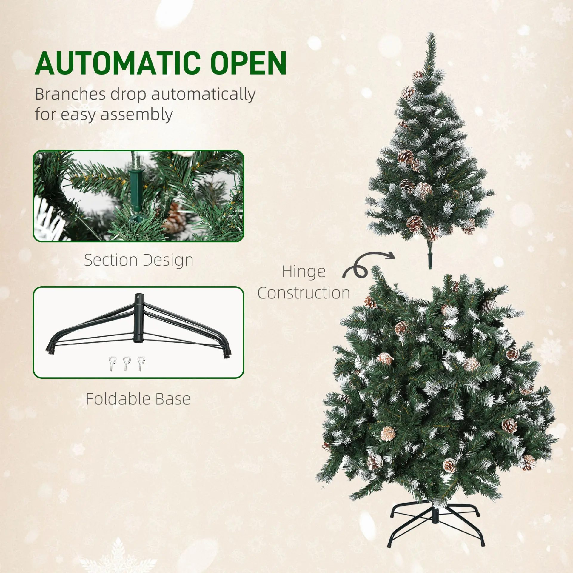 HOMCOM 5FT Artificial Christmas Tree with Pine Cones, Holiday Home Xmas Decoration Automatic Open, Green - Image 7
