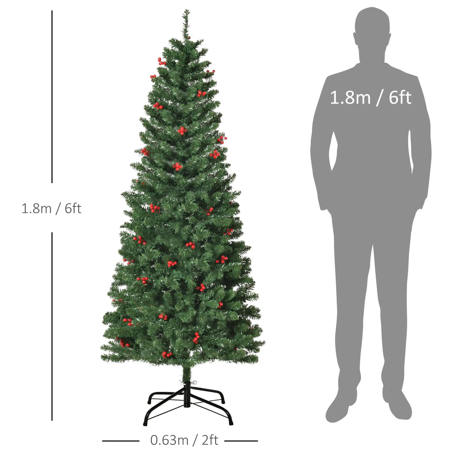 HOMCOM 6FT Prelit Artificial Pencil Christmas Tree with Warm White LED Light, Red Berry, Holiday Home Xmas Decoration, Green - Image 3