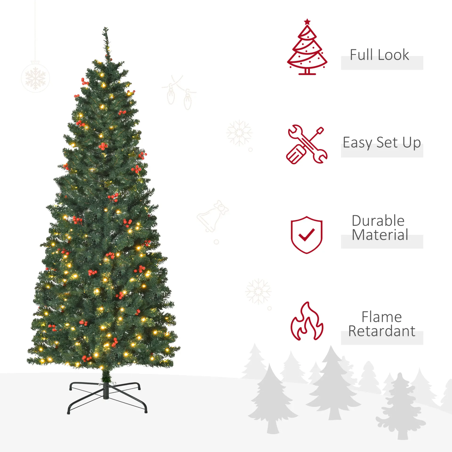 HOMCOM 6FT Prelit Artificial Pencil Christmas Tree with Warm White LED Light, Red Berry, Holiday Home Xmas Decoration, Green - Image 4