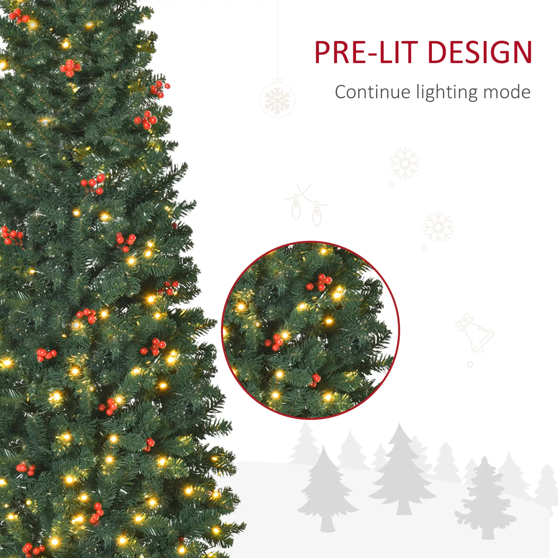 HOMCOM 6FT Prelit Artificial Pencil Christmas Tree with Warm White LED Light, Red Berry, Holiday Home Xmas Decoration, Green - Image 5