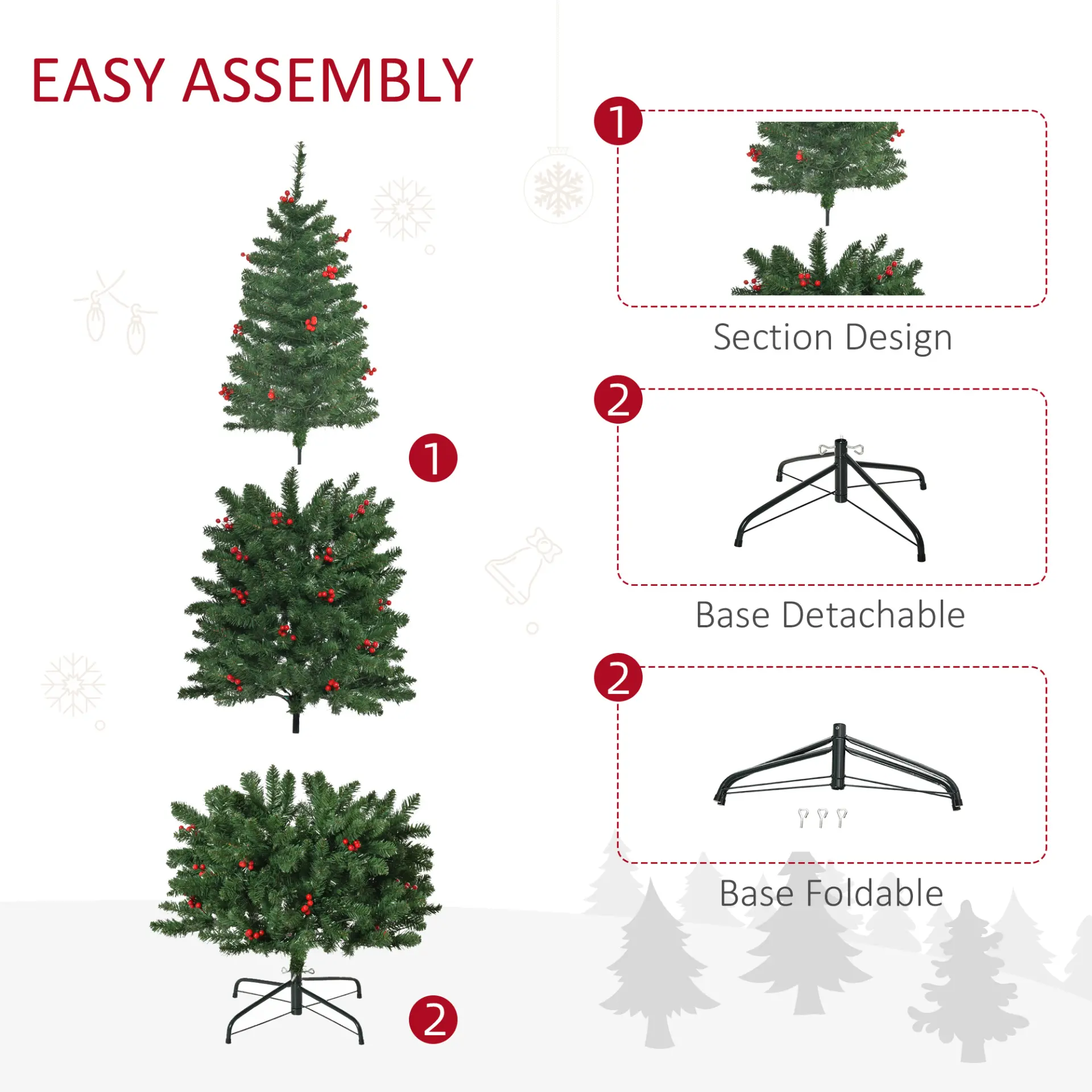 HOMCOM 6FT Prelit Artificial Pencil Christmas Tree with Warm White LED Light, Red Berry, Holiday Home Xmas Decoration, Green - Image 7