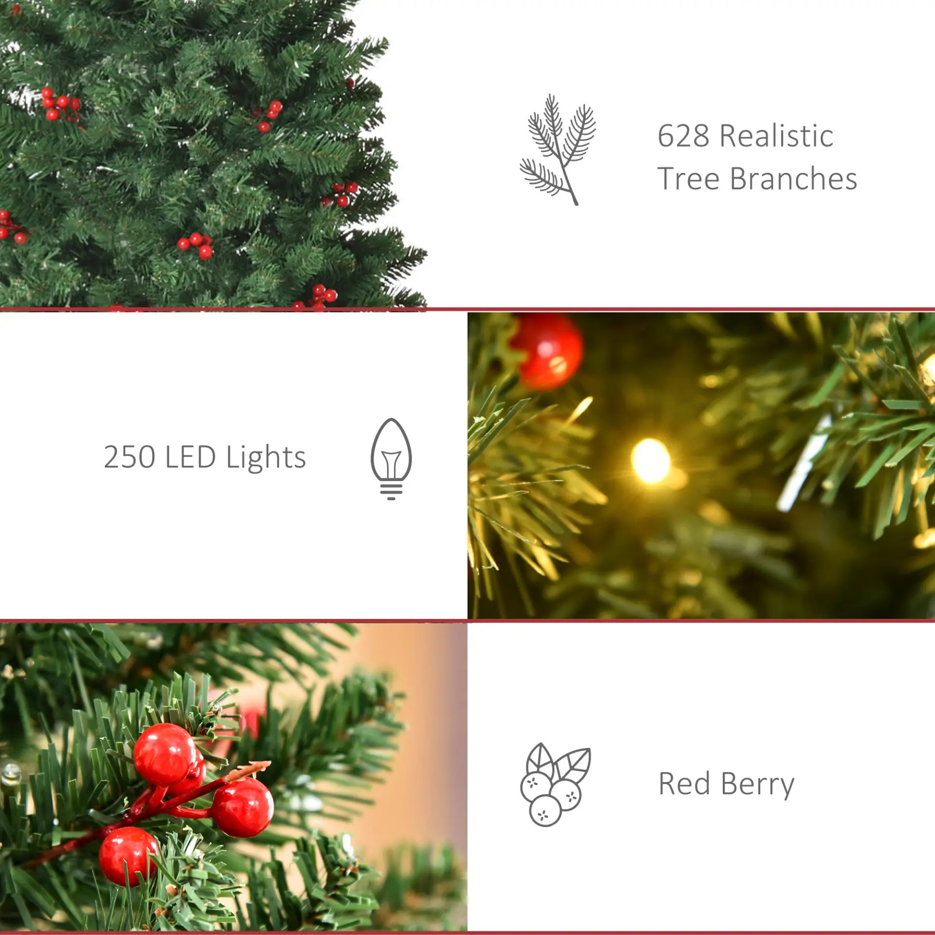 HOMCOM 6FT Prelit Artificial Pencil Christmas Tree with Warm White LED Light, Red Berry, Holiday Home Xmas Decoration, Green - Image 8