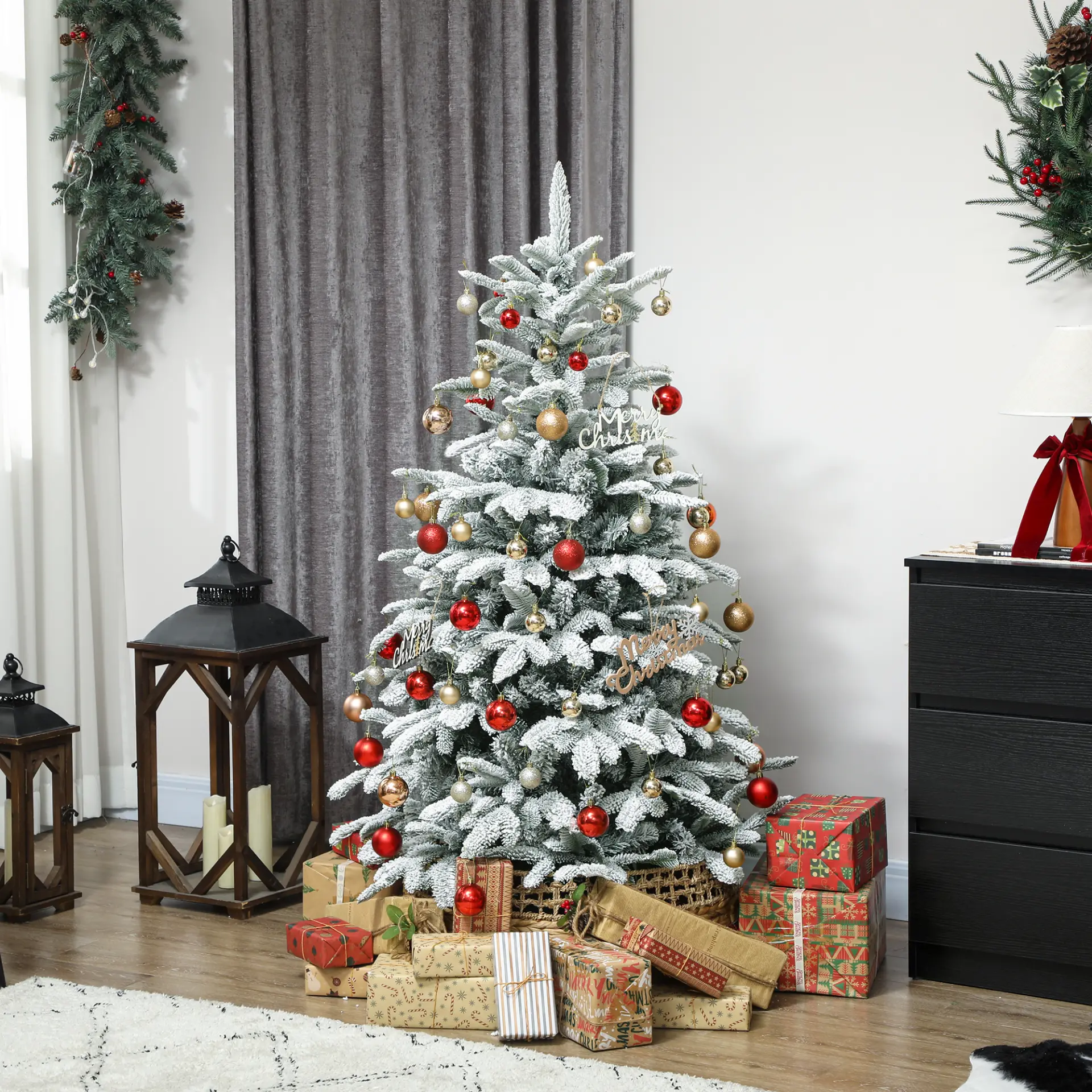 HOMCOM 5 ft Artificial Flocked Christmas Tree with 717 Branches, Hinged Xmas Tree with Foldable Metal Stand, Easy Assembly for Home Office Decor - Image 2