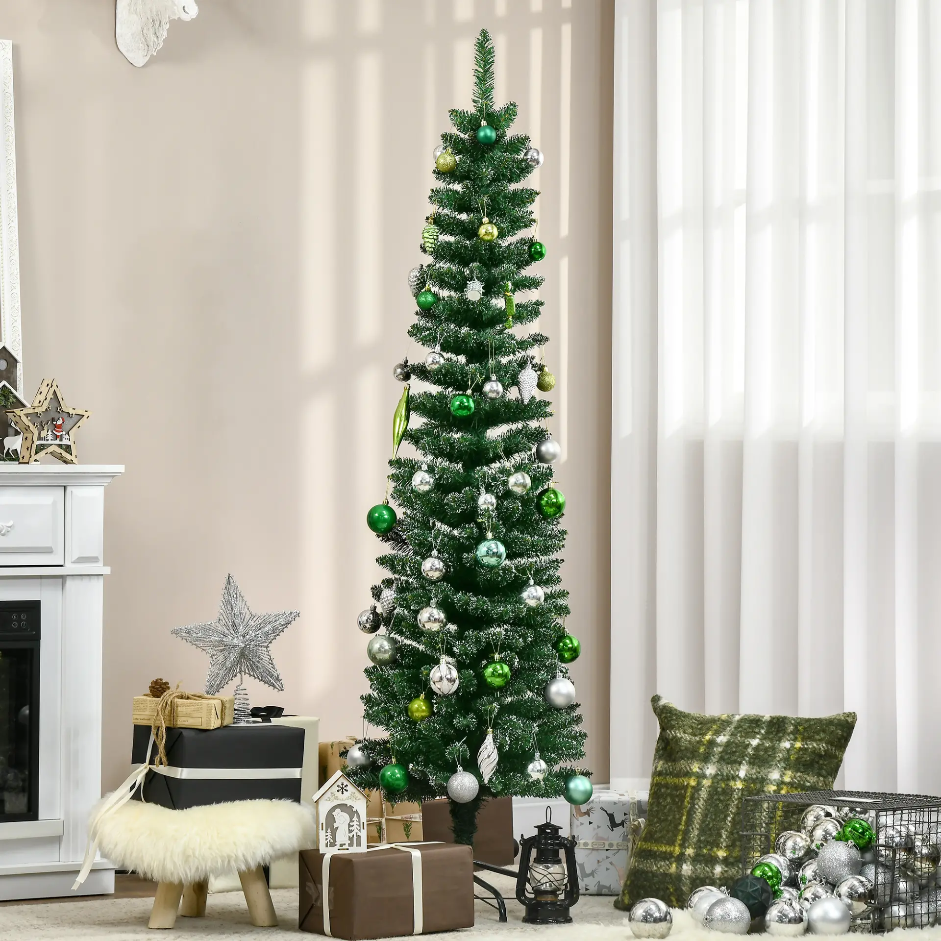 HOMCOM 5.5FT Artificial Snow Dipped Christmas Tree Xmas Pencil Tree Holiday Home Indoor Decoration with Foldable Black Stand, Green - Image 2