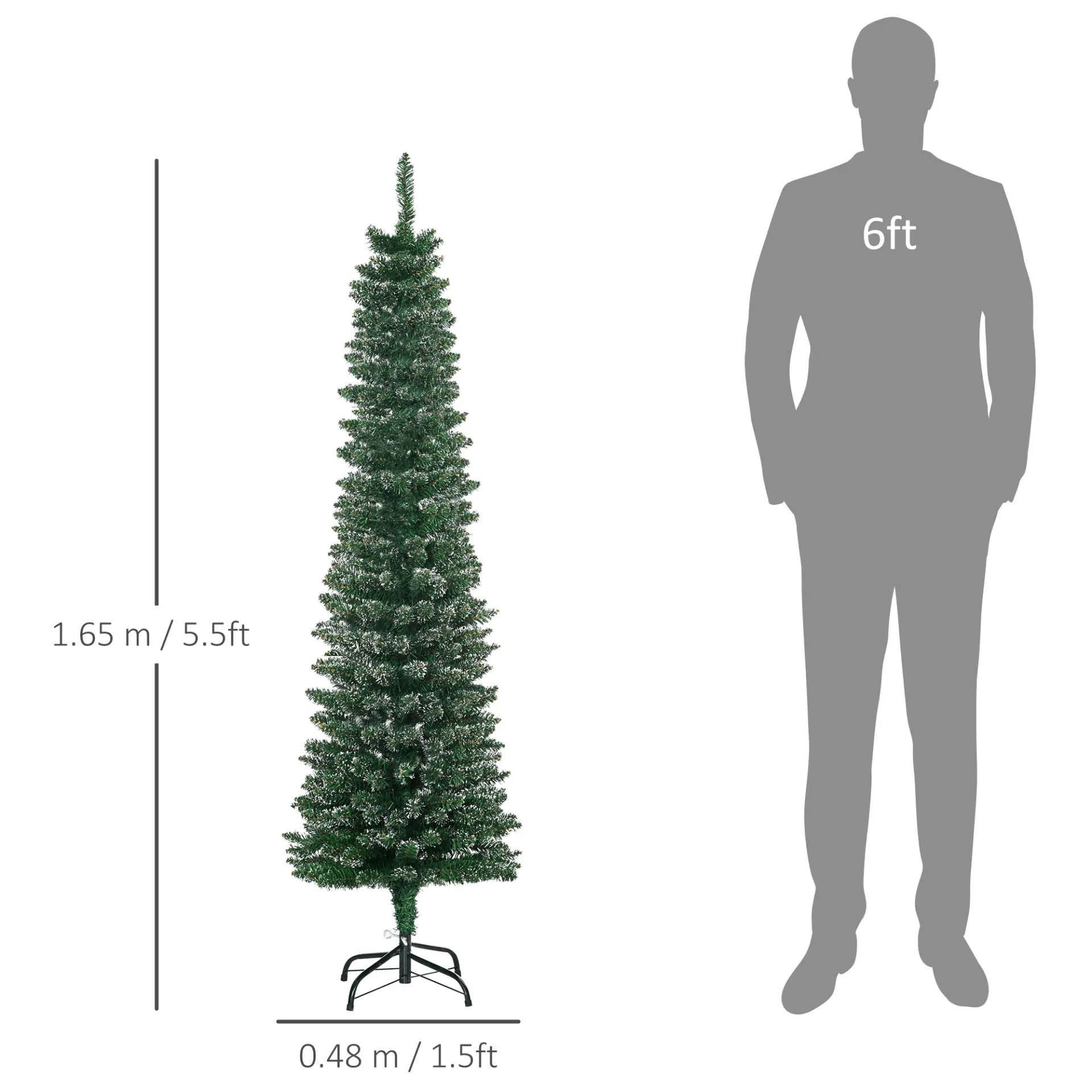 HOMCOM 5.5FT Artificial Snow Dipped Christmas Tree Xmas Pencil Tree Holiday Home Indoor Decoration with Foldable Black Stand, Green - Image 3