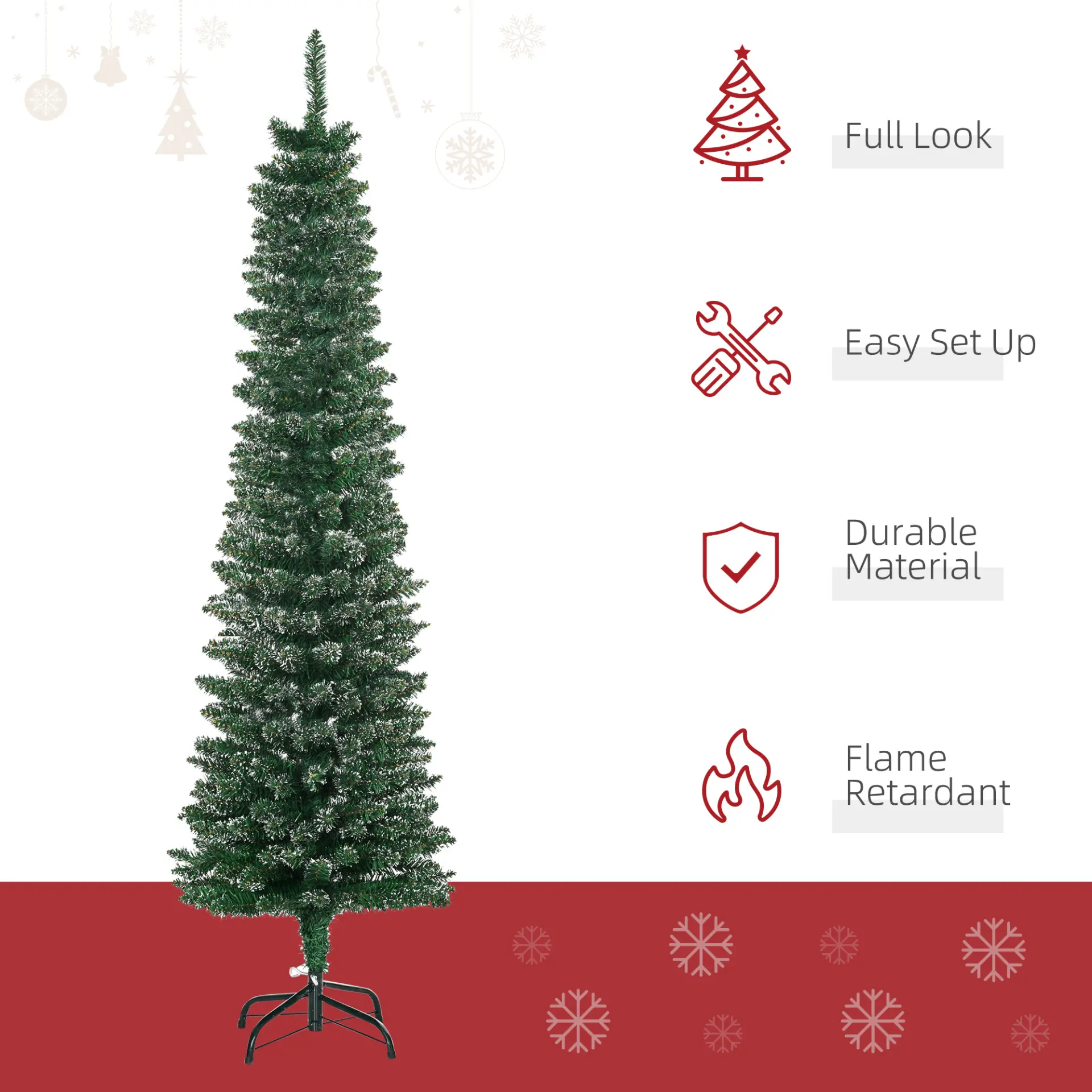 HOMCOM 5.5FT Artificial Snow Dipped Christmas Tree Xmas Pencil Tree Holiday Home Indoor Decoration with Foldable Black Stand, Green - Image 4