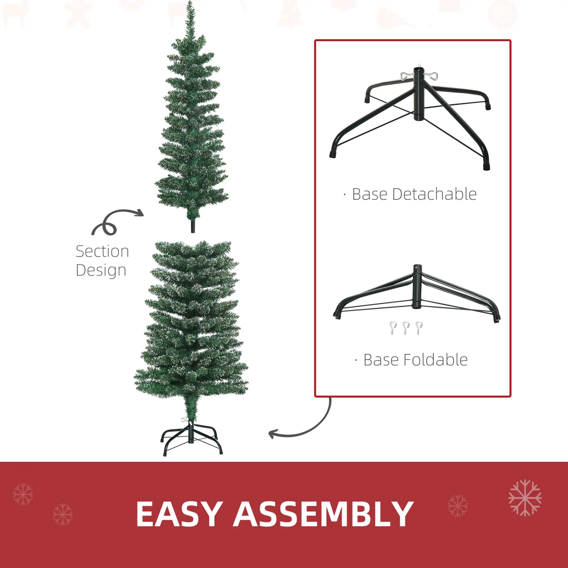 HOMCOM 5.5FT Artificial Snow Dipped Christmas Tree Xmas Pencil Tree Holiday Home Indoor Decoration with Foldable Black Stand, Green - Image 6