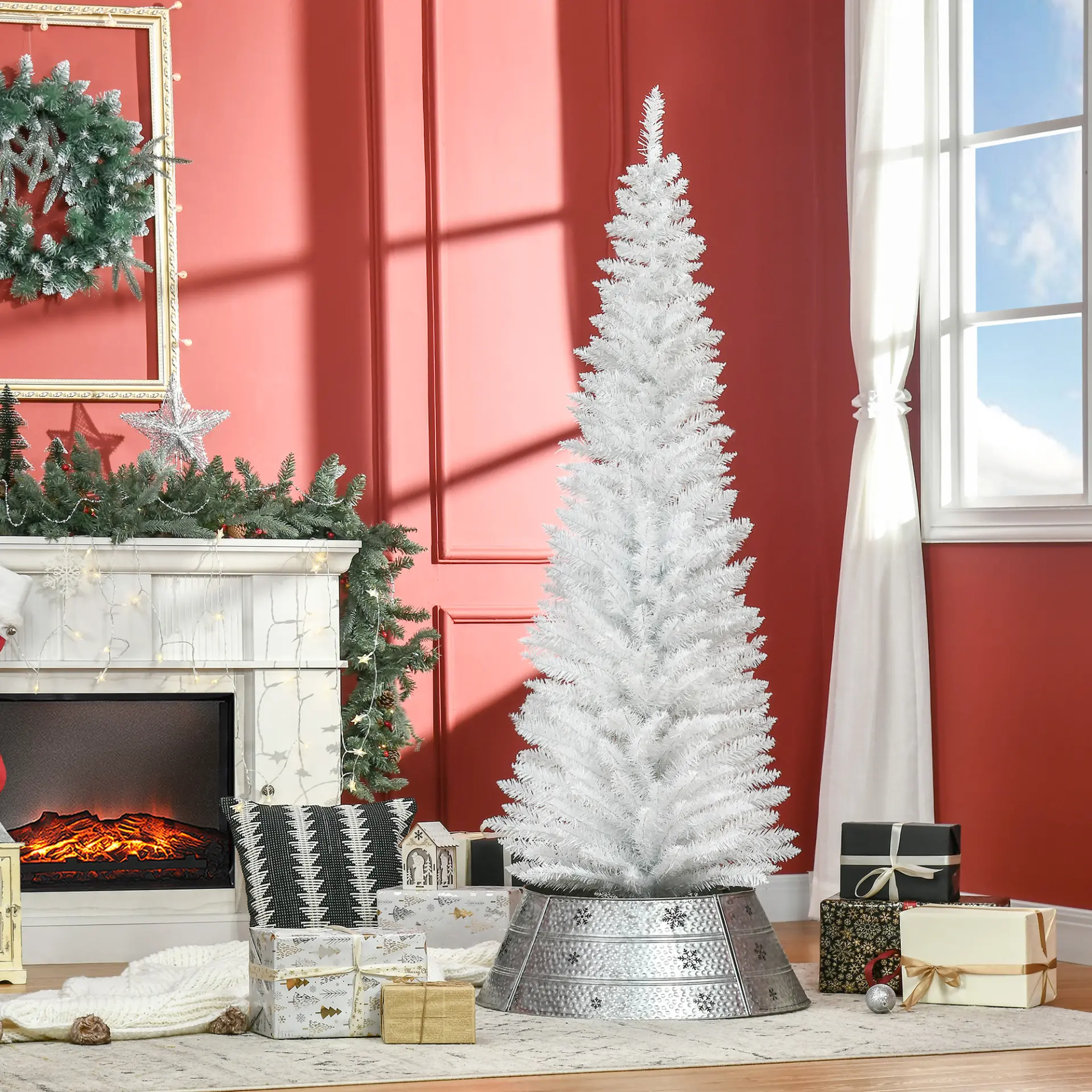 HOMCOM 6ft Unlit Artificial Christmas Tree, Pencil Slim Xmas Tree with Solid Stand and Realistic Branches, White - Image 2