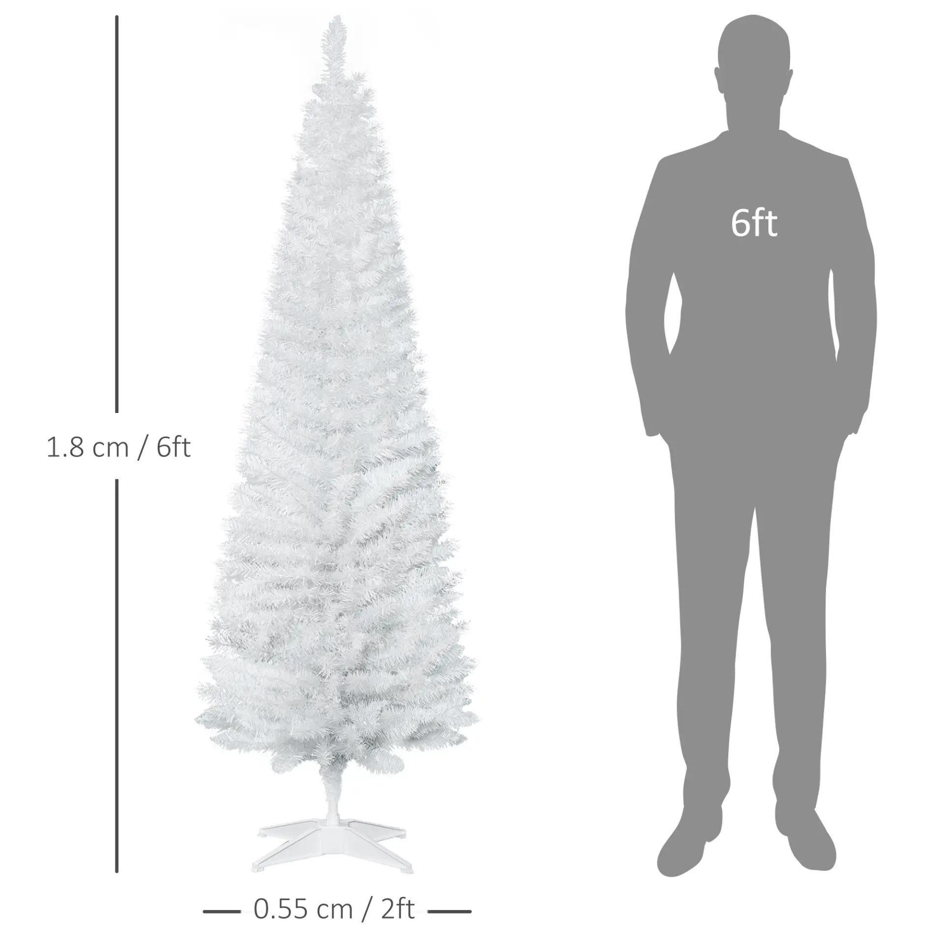 HOMCOM 6ft Unlit Artificial Christmas Tree, Pencil Slim Xmas Tree with Solid Stand and Realistic Branches, White - Image 3