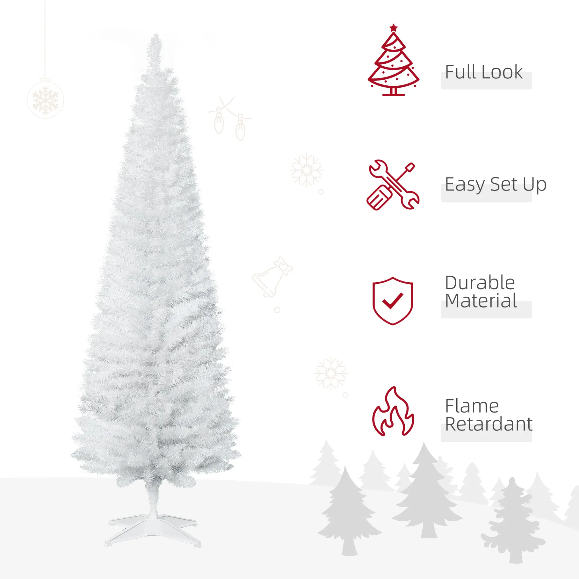 HOMCOM 6ft Unlit Artificial Christmas Tree, Pencil Slim Xmas Tree with Solid Stand and Realistic Branches, White - Image 4