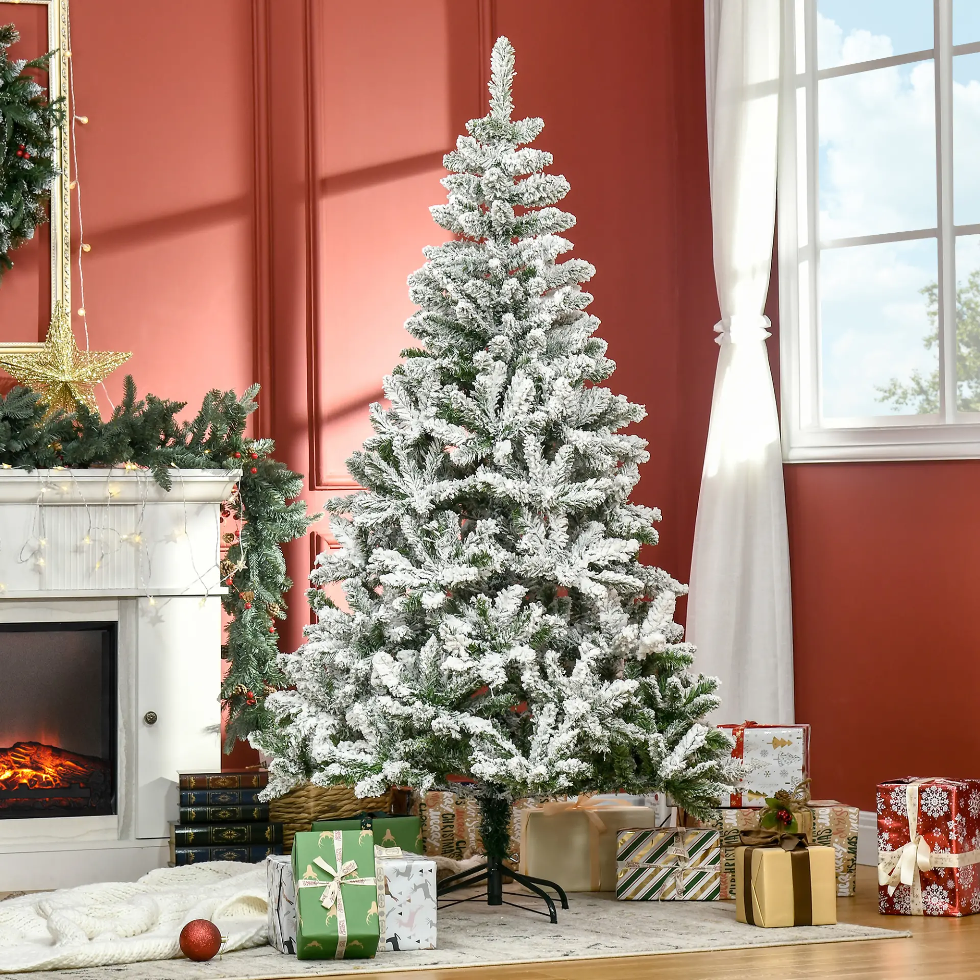 HOMCOM 6 Ft Snow Flocked Artificial Christmas Tree Xmas Pine Tree with Realistic Branches, Auto Open and Steel Base, Green - Image 2