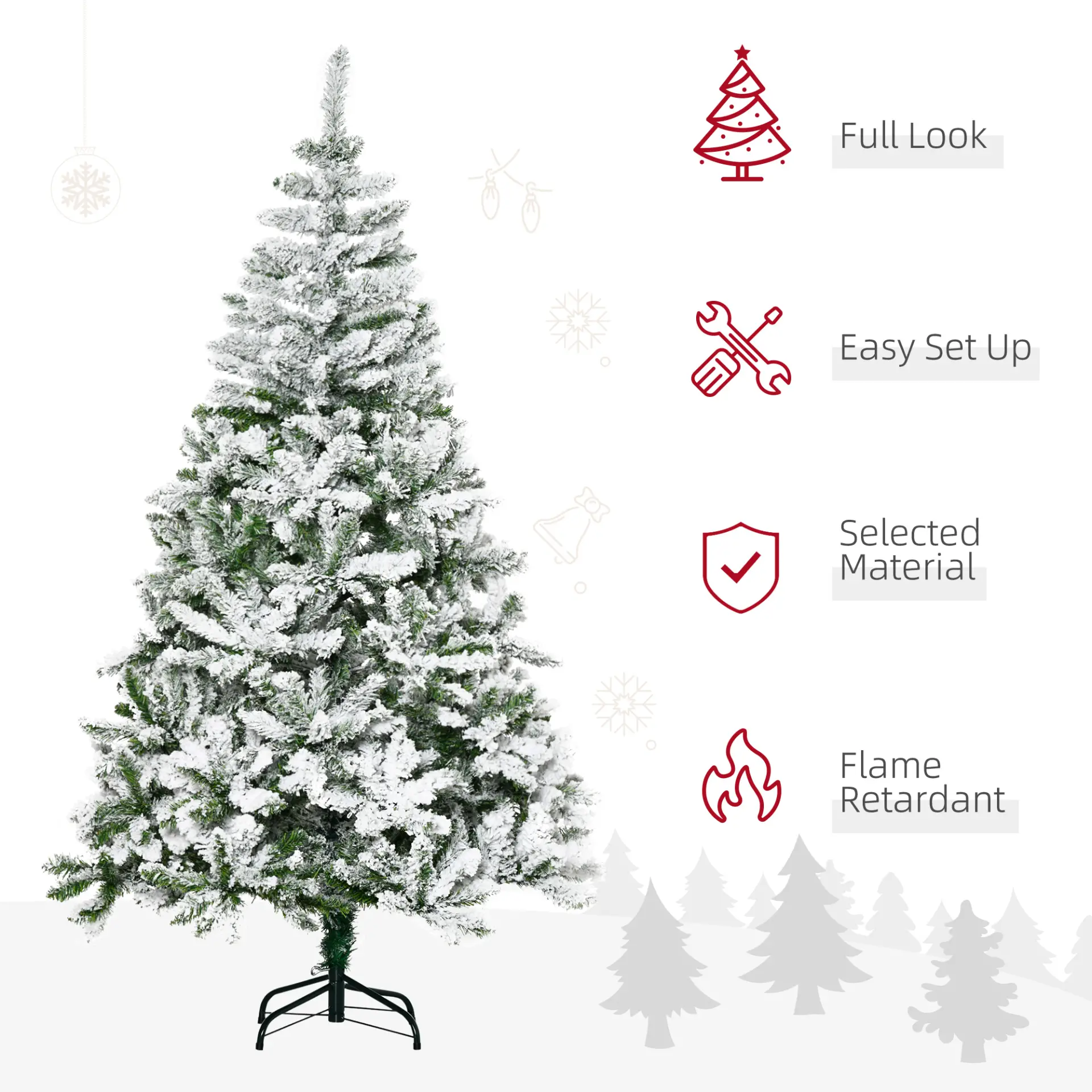 HOMCOM 6 Ft Snow Flocked Artificial Christmas Tree Xmas Pine Tree with Realistic Branches, Auto Open and Steel Base, Green - Image 4