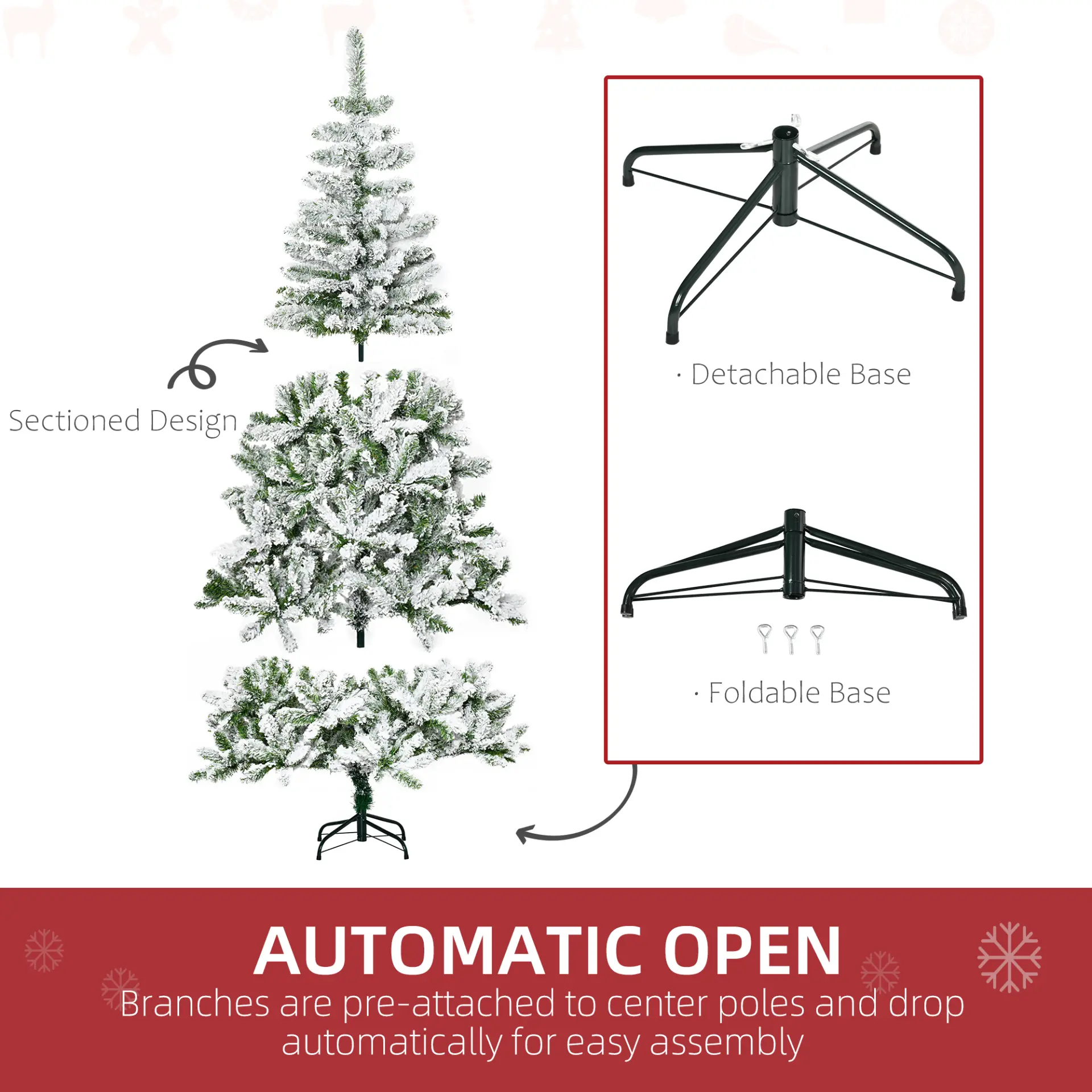 HOMCOM 6 Ft Snow Flocked Artificial Christmas Tree Xmas Pine Tree with Realistic Branches, Auto Open and Steel Base, Green - Image 6