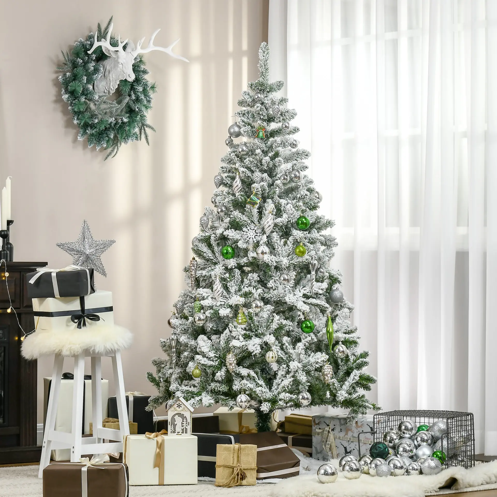 HOMCOM 6 Ft Snow Flocked Artificial Christmas Tree Xmas Pine Tree with Realistic Branches, Auto Open and Steel Base, Green - Image 8