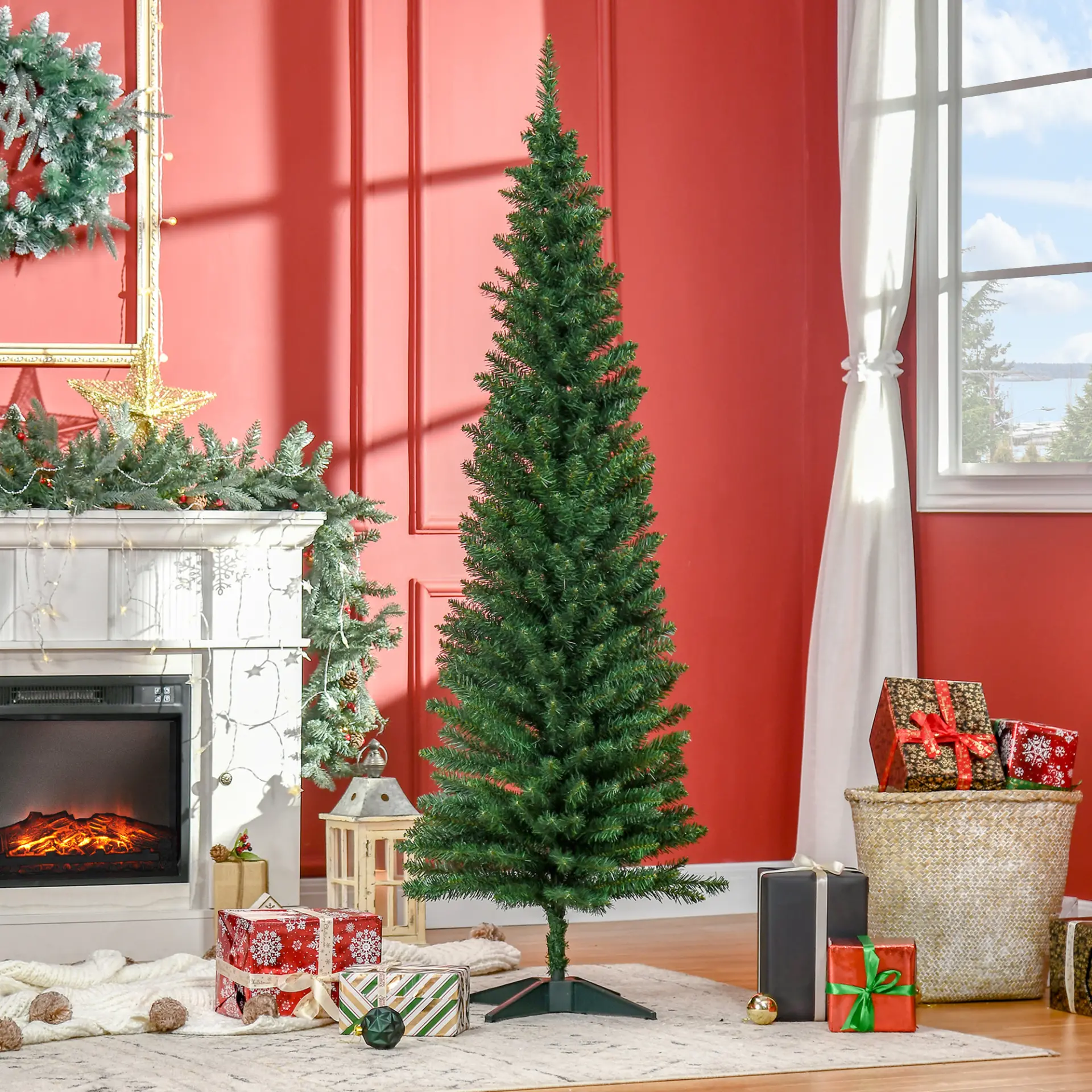 HOMCOM 6ft Unlit Artificial Christmas Tree, Pencil Slim Xmas Tree with Solid Stand and Realistic Branches, Green - Image 2