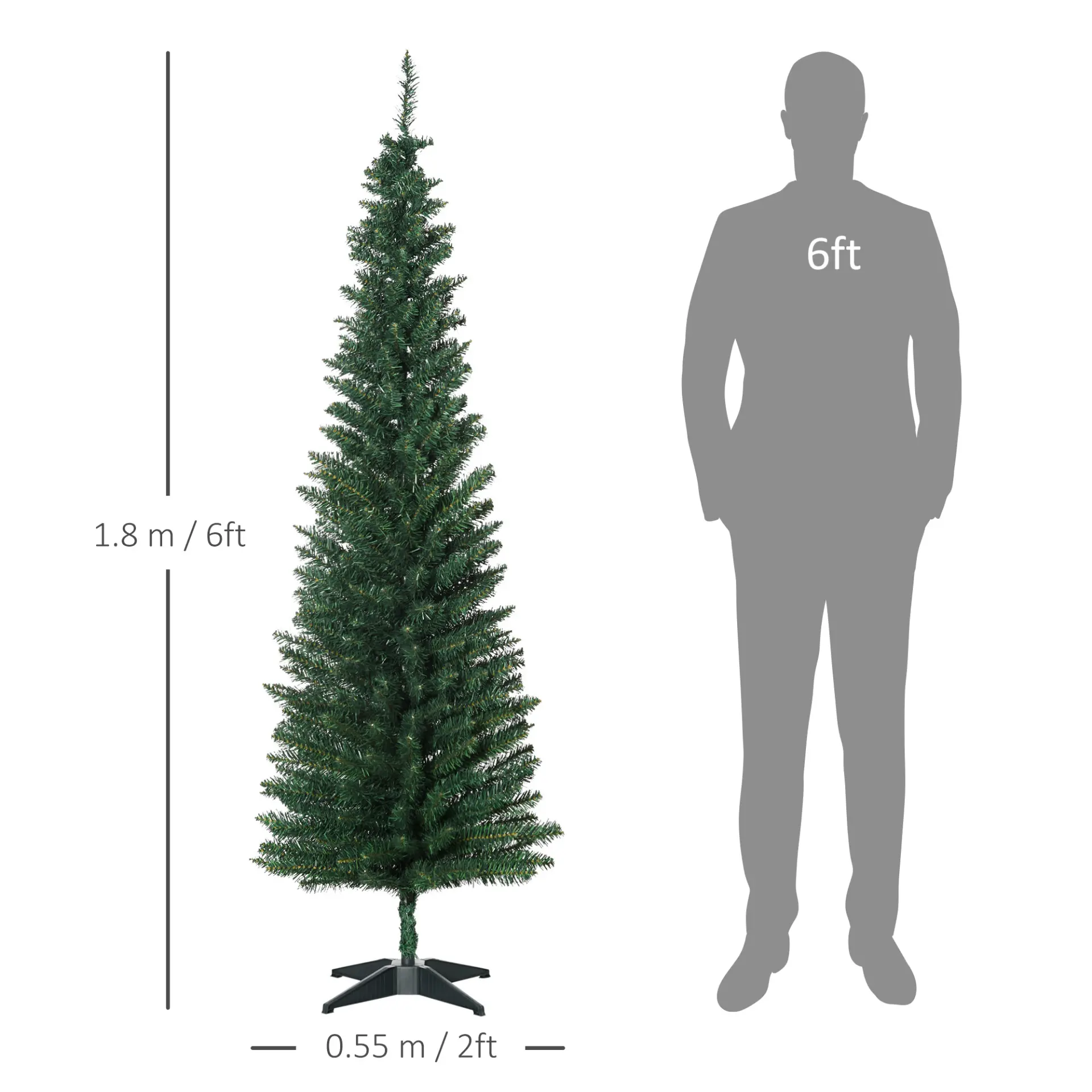 HOMCOM 6ft Unlit Artificial Christmas Tree, Pencil Slim Xmas Tree with Solid Stand and Realistic Branches, Green - Image 3