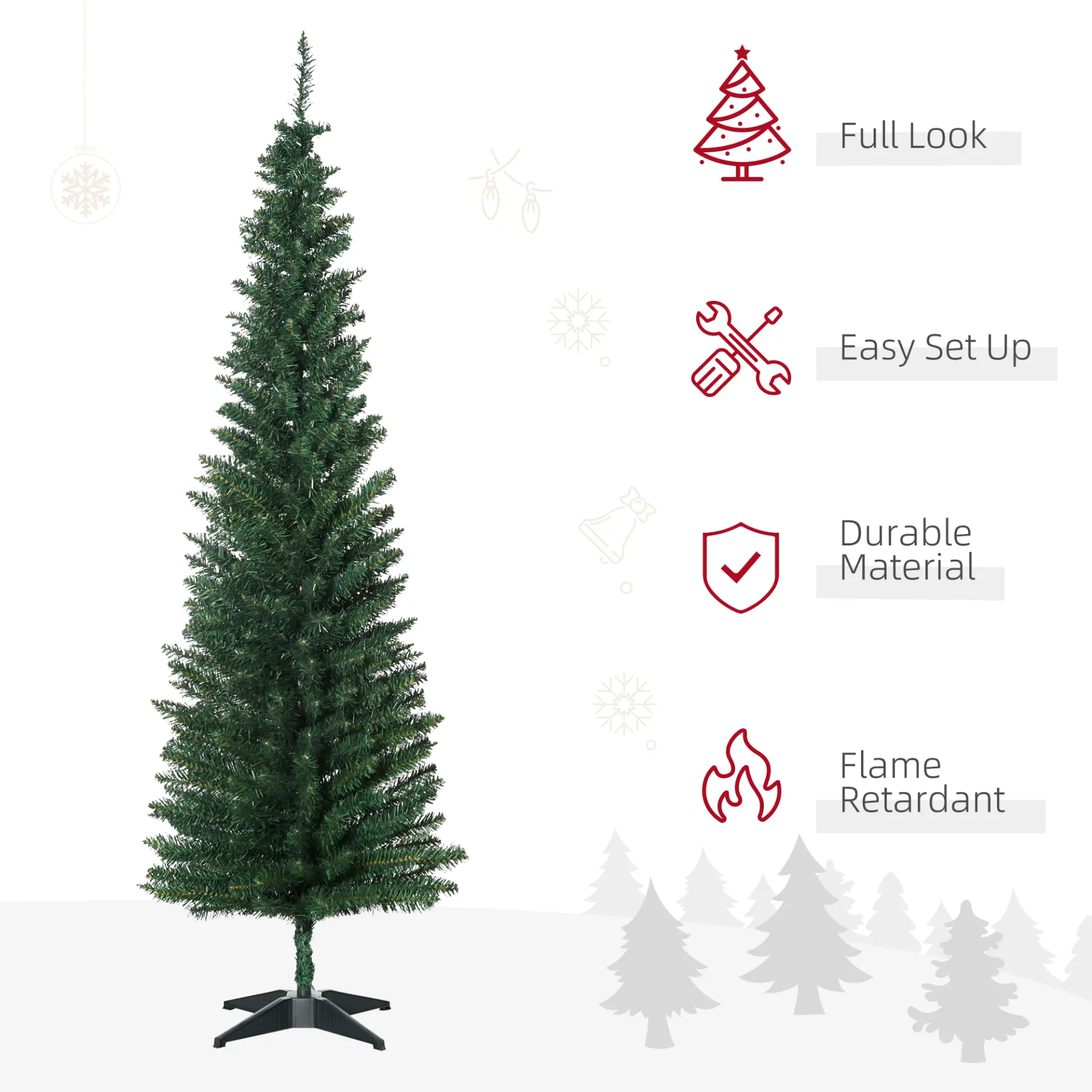 HOMCOM 6ft Unlit Artificial Christmas Tree, Pencil Slim Xmas Tree with Solid Stand and Realistic Branches, Green - Image 4