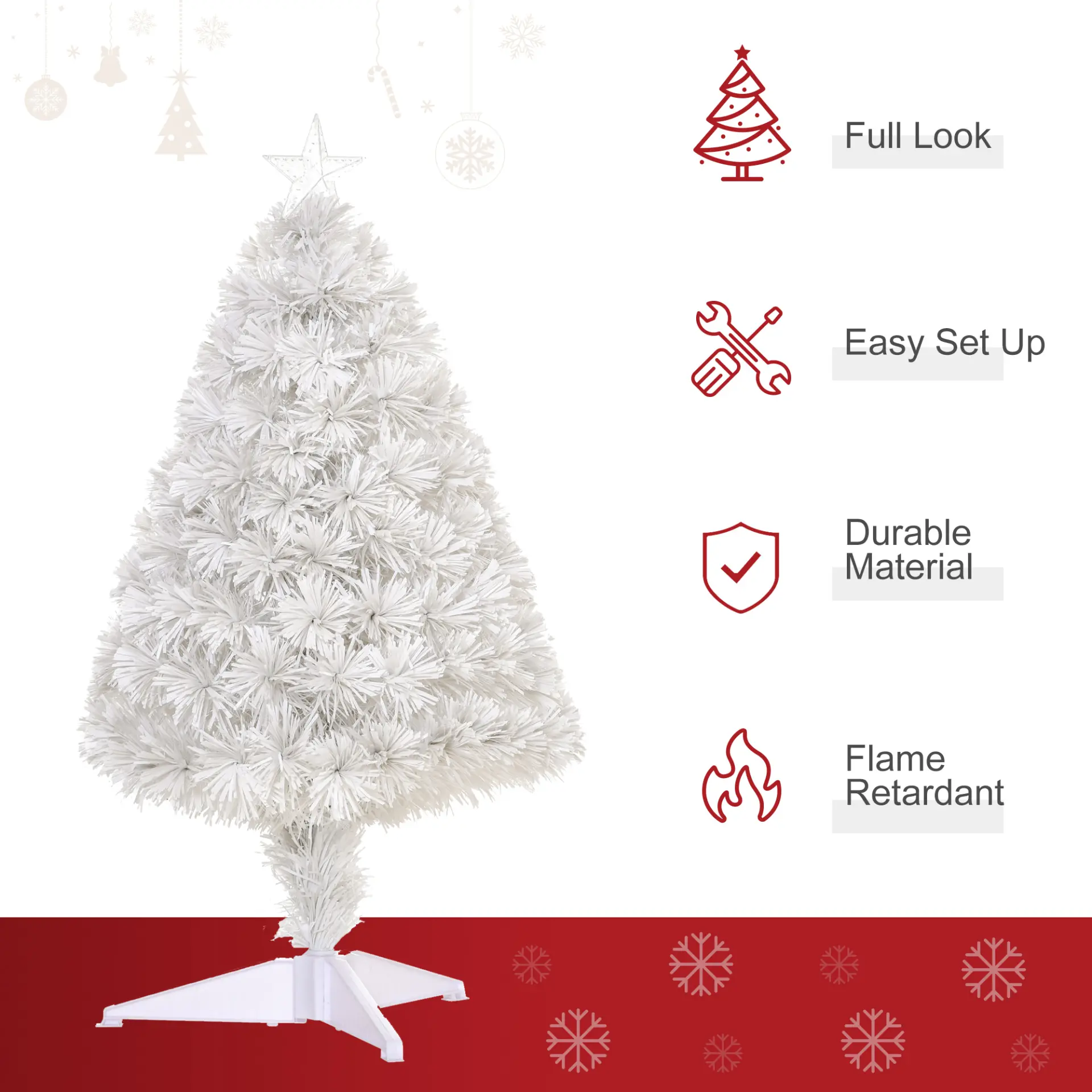 HOMCOM 2.5FT Prelit Artificial Tabletop Christmas Tree with Fibre Optics Holiday Home Xmas Decoration for Table and Desk, White - Image 4