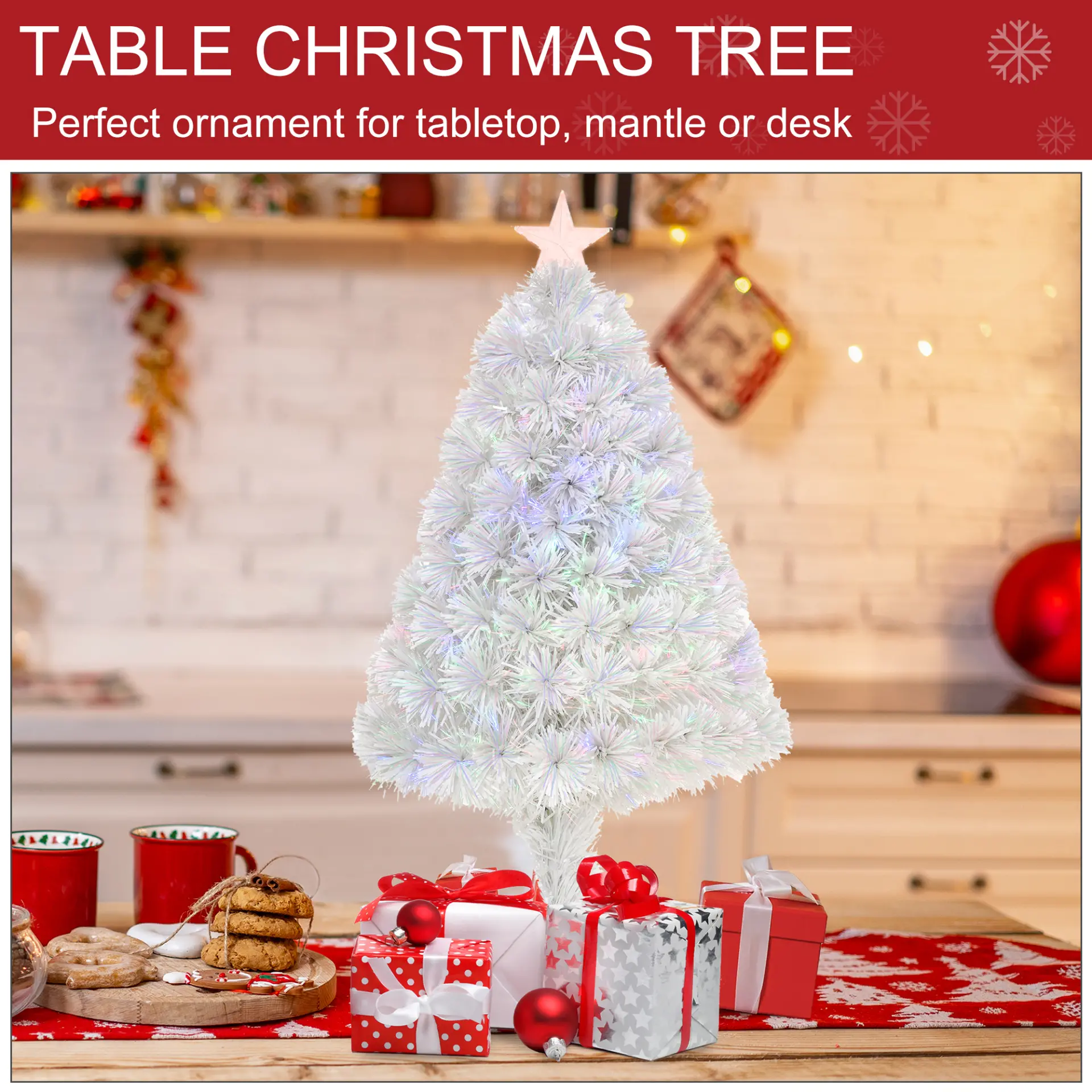HOMCOM 2.5FT Prelit Artificial Tabletop Christmas Tree with Fibre Optics Holiday Home Xmas Decoration for Table and Desk, White - Image 6