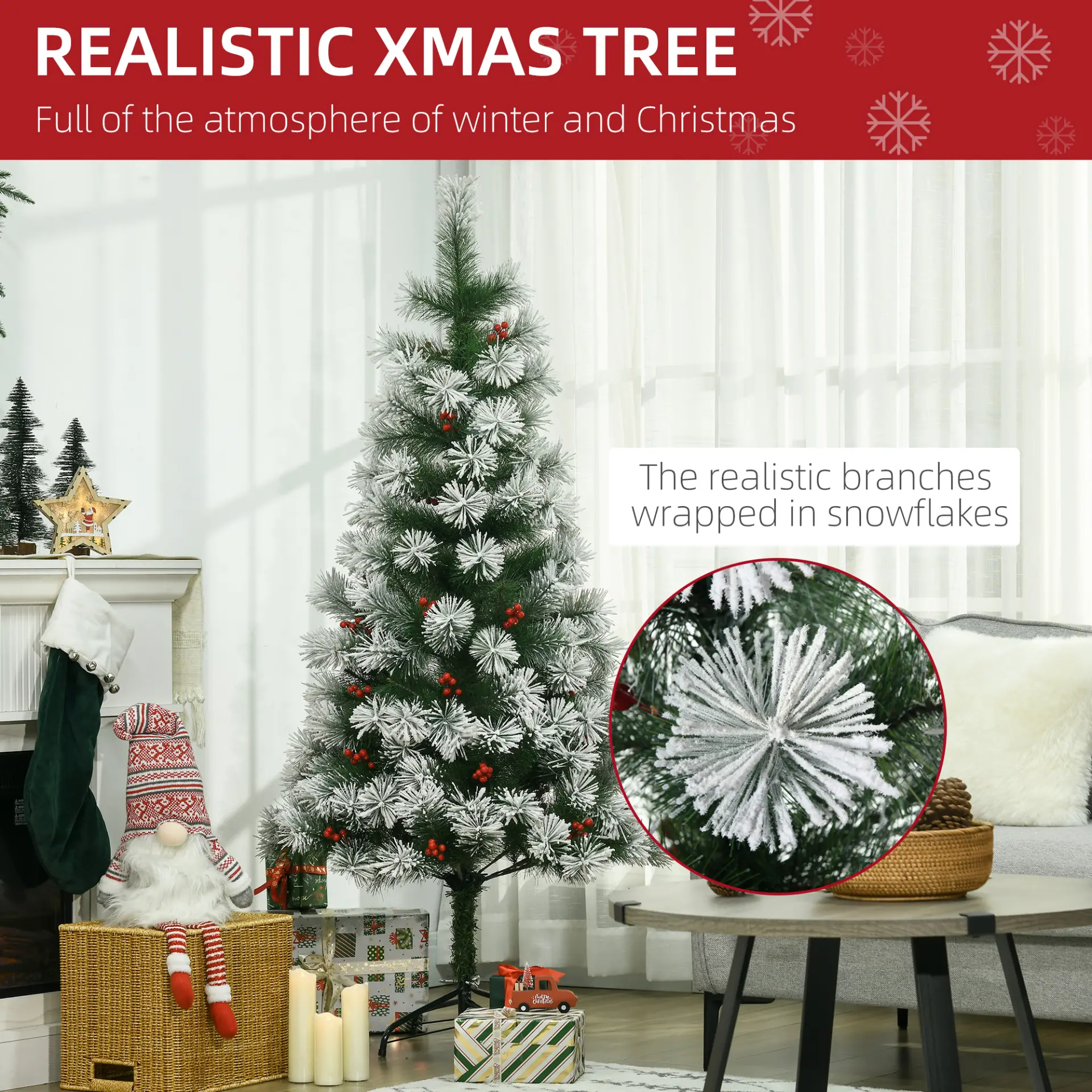 HOMCOM Indoor Christmas Tree Artificial Berry Xmas Decoration with Metal Stand and 184 Tips (5FT(150CM)) - Image 4