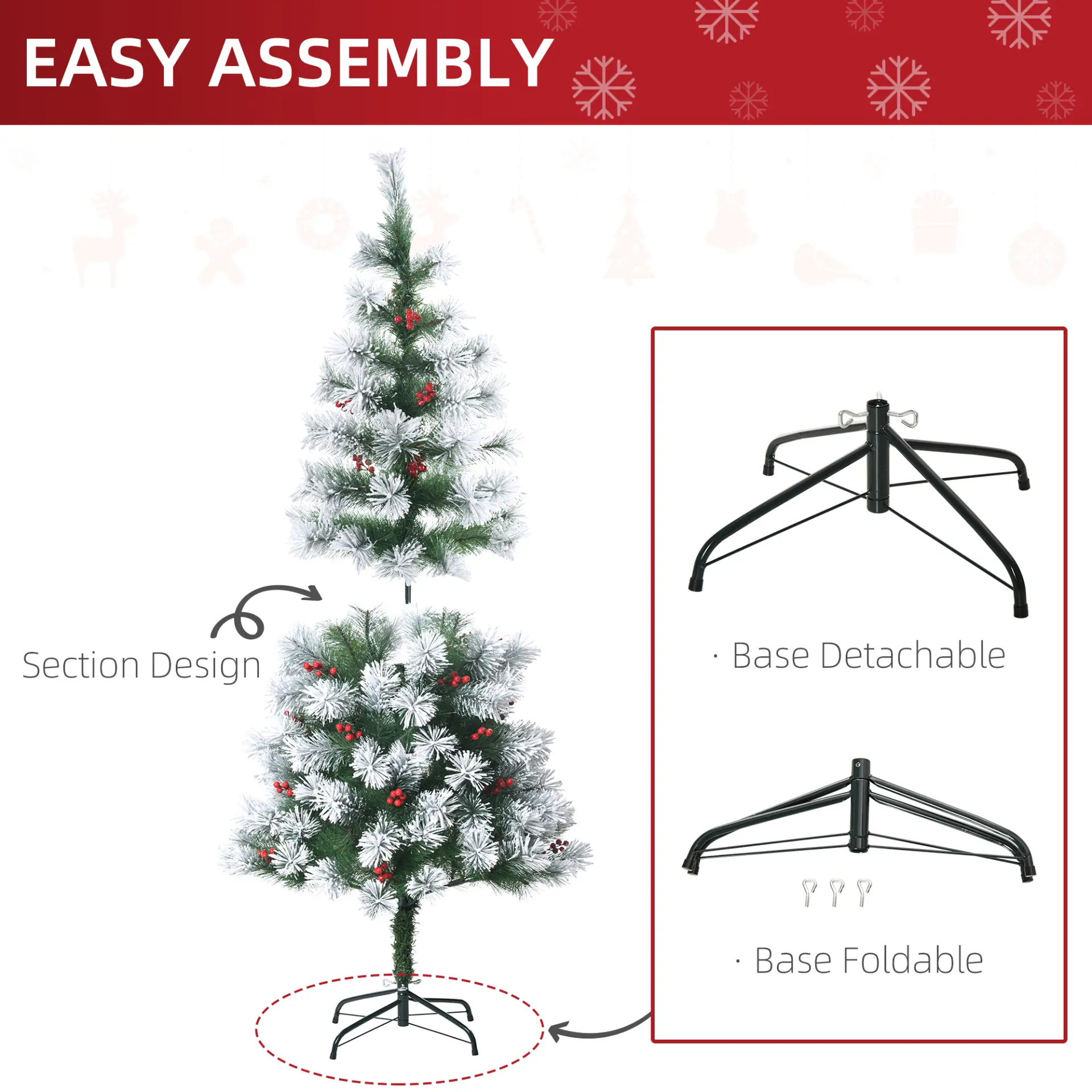 HOMCOM Indoor Christmas Tree Artificial Berry Xmas Decoration with Metal Stand and 184 Tips (5FT(150CM)) - Image 6