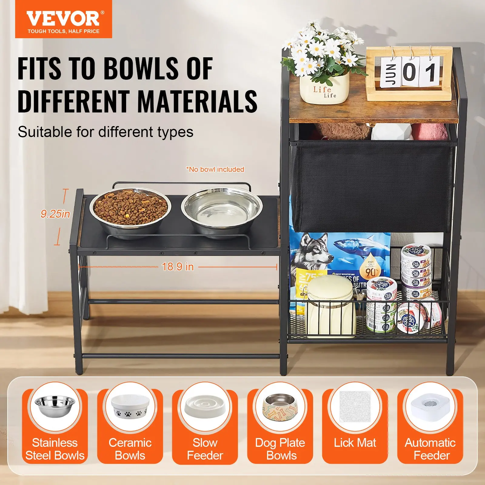 VEVOR Pet Feeding Station with Storage, Elevated Dog Bowls, Raised Dog Bowl Stand, Dog Food Storage and Feeder Station with Storage Shelves, Pet Toy Storage Organizer, for Large Medium Small Dogs
